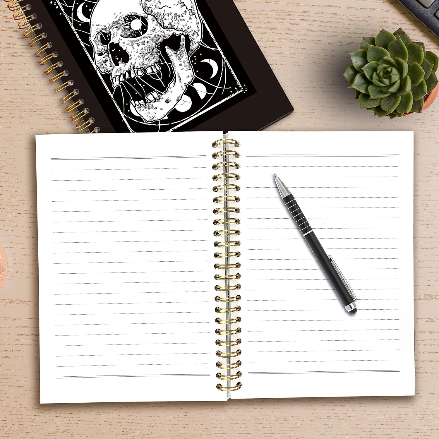 Cuaderno de espiral gótico misterioso de calavera y luna, cubierta dura laminada, con rayas universitarias de 5.5 x 8.3 pulgadas, cuadernos para