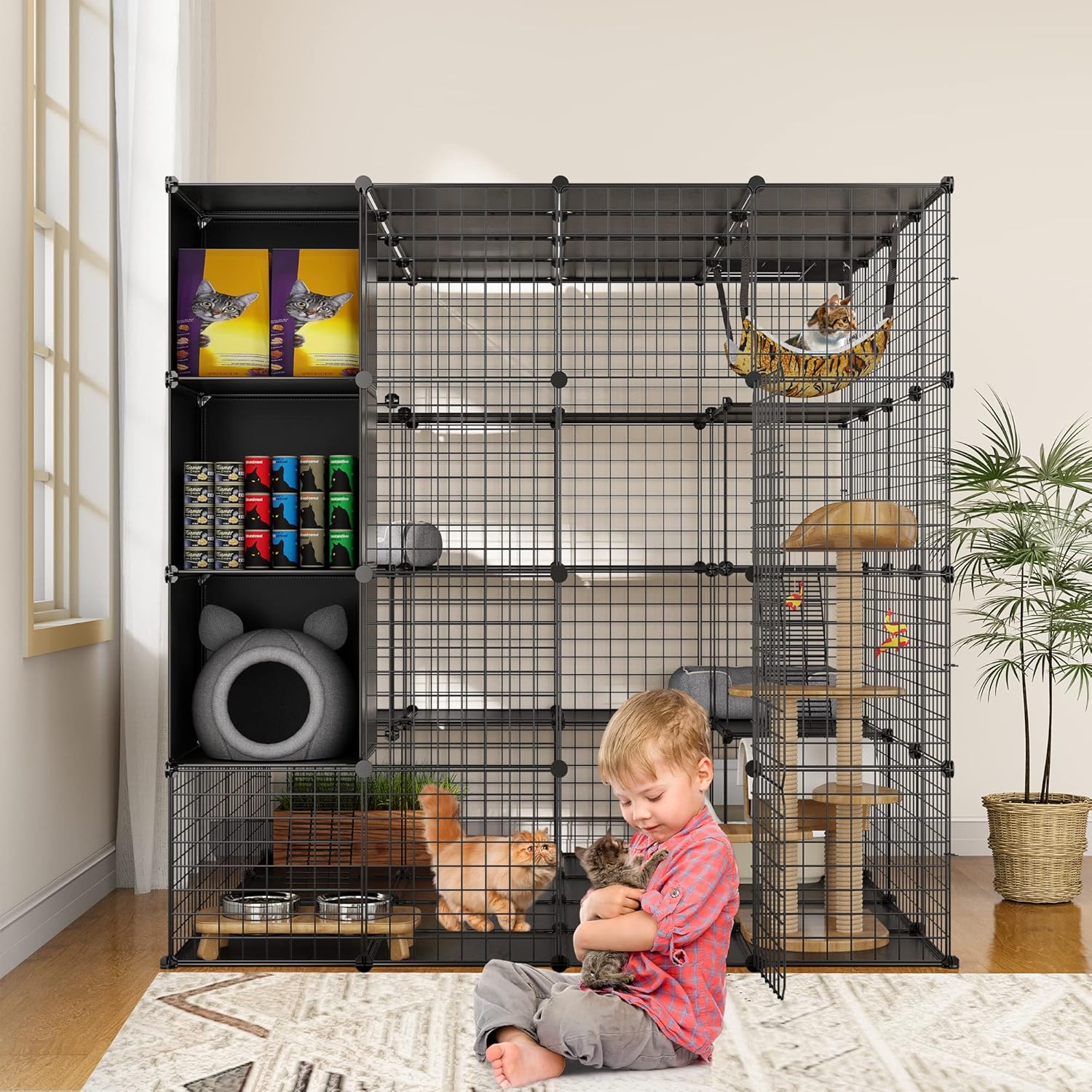 YITAHOME Jaula grande para gatos con cubo de almacenamiento, recintos para gatos para interiores, corralito de metal para gatos con hamaca grande