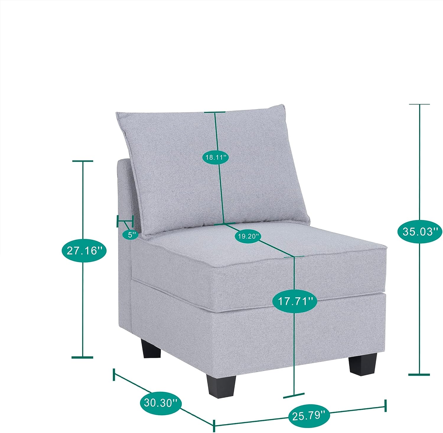 Naomi Home Sofá modular módulo medio con almacenamiento Accent silla sin brazos para sofá modular, sofá modular personalizable, sofá seccional
