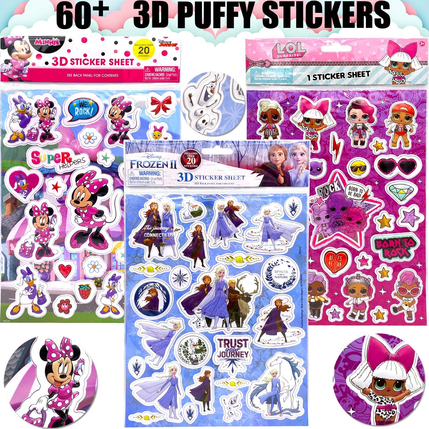 Disney Calcomanías hinchadas 3D para niñas, paquete variado de 3 hojas, Disney Frozen, Minnie, LOL Diva Dolls para regalos, recuerdos de fiesta,