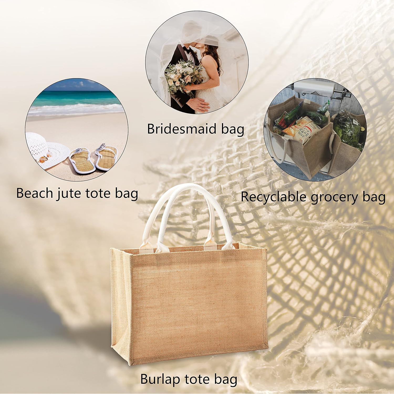 Bolsas de playa de yute, 14.5 x 6.7 x 10.2 pulgadas, paquete de 6 bolsas de arpillera con asas, bolsas de comestibles Resuabale, bolsas de dama de