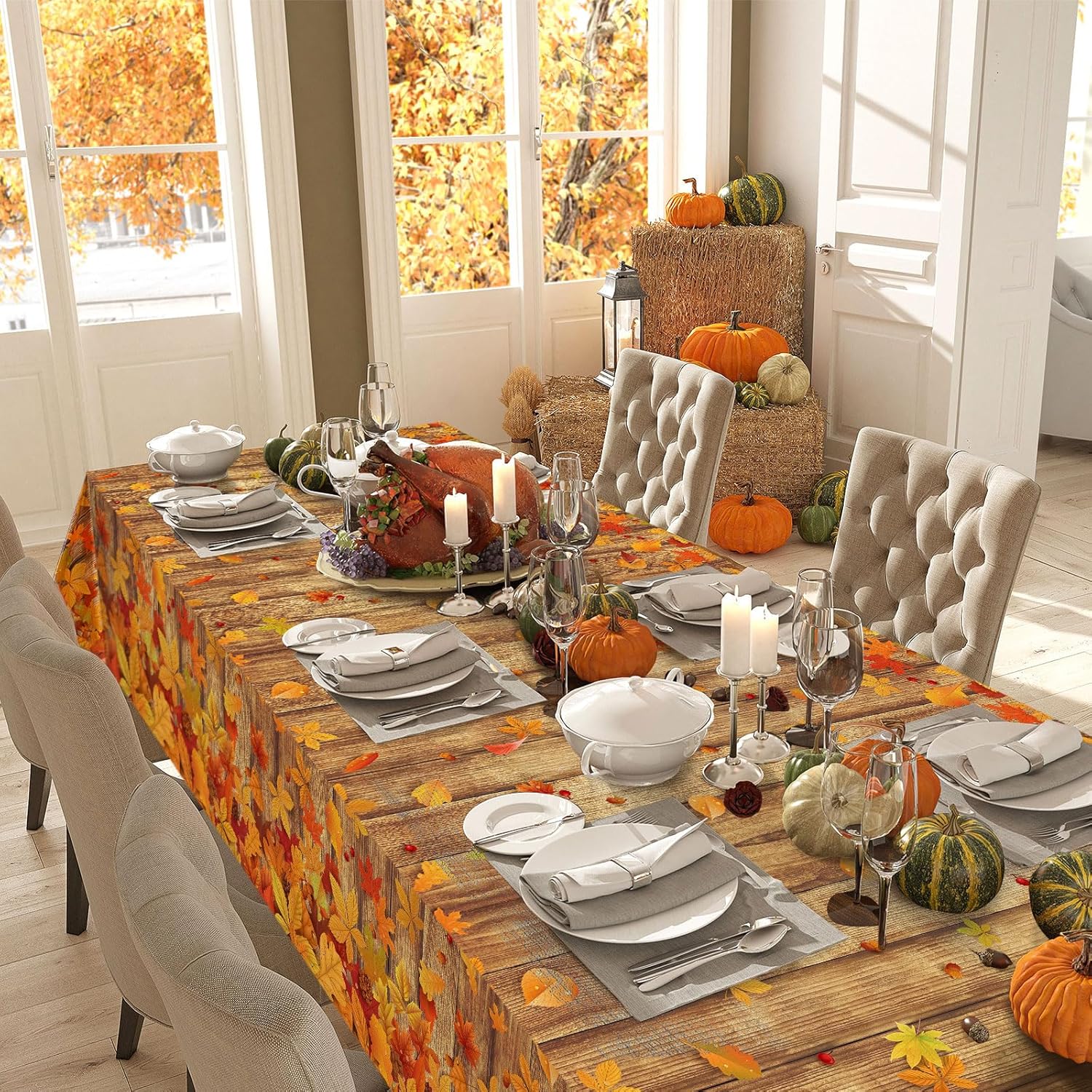 Tiamon 3 piezas de decoración de otoño para interiores de Acción de Gracias, mantel de otoño de grano de madera, cubierta de mesa de fiesta de