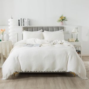 Juego de funda de edredón de algodón bohemio, tamaño Queen, con pompón blanco, 3 piezas, tejido de gofre, coco, reversible, de algodón, suave, Juego de funda de edredón de algodón bohemio, tamaño Queen, con pompón blanco, 3 piezas, tejido de gofre, coco, reversible, de algodón, suave,