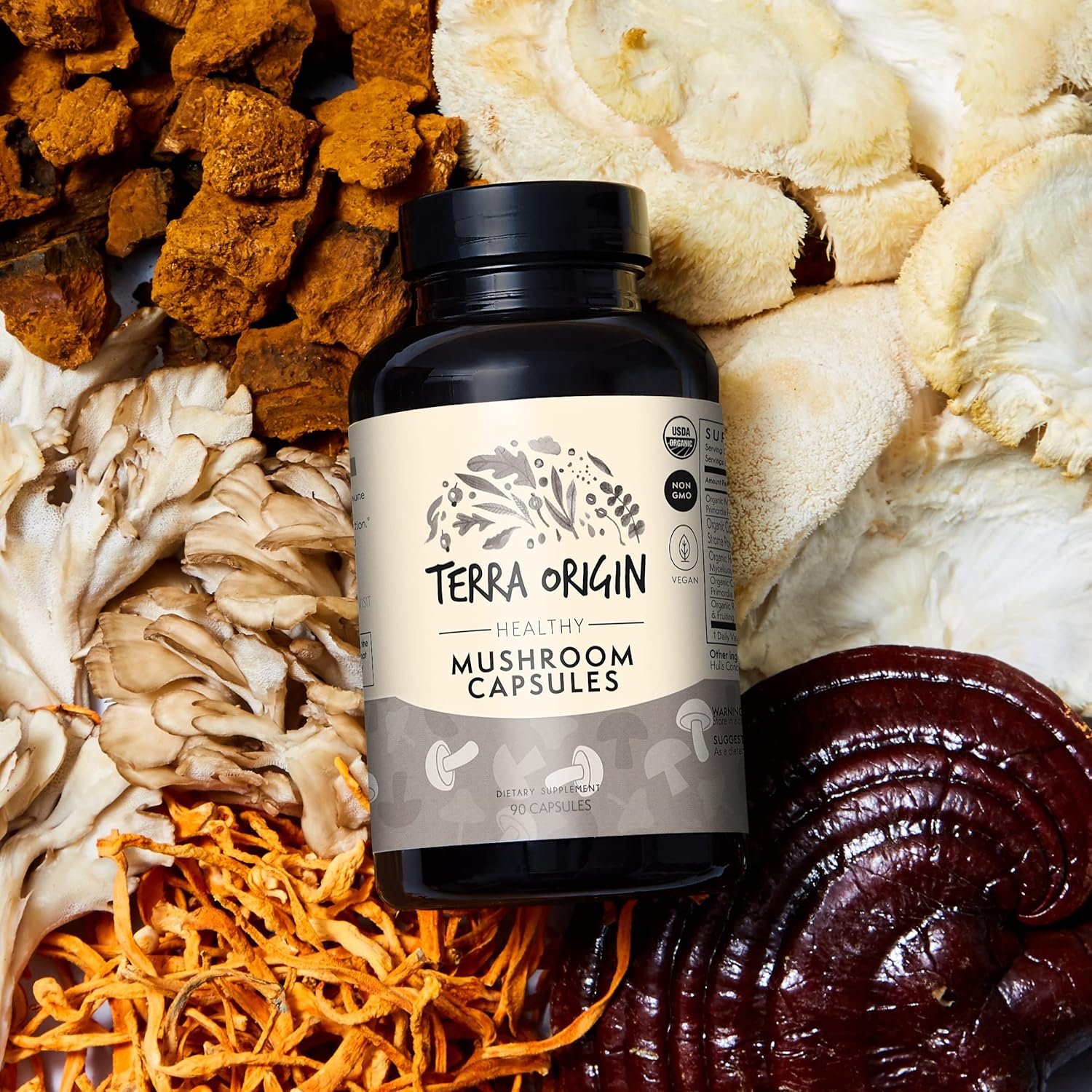 TERRA ORIGIN Cápsulas de hongos saludables  Certificado USDA Orgánico  90 cápsulas vegetales  Hongo Reishi, melena de león  Potente apoyo