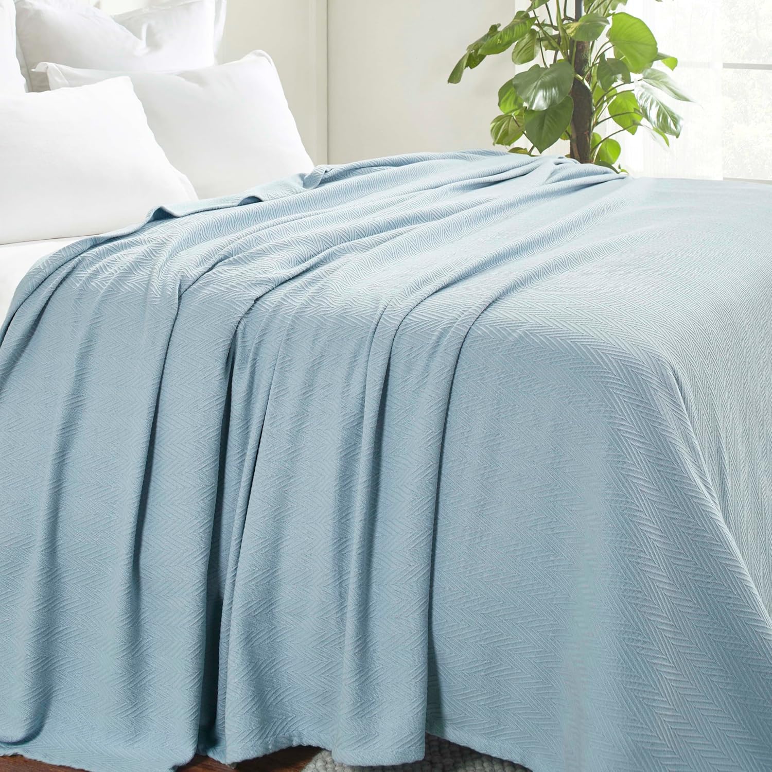 Superior Hroo Collection – Manta térmica de algodón para todas las estaciones, tejida en color azul claro, reversible, ultrasuave y cálida, manta de