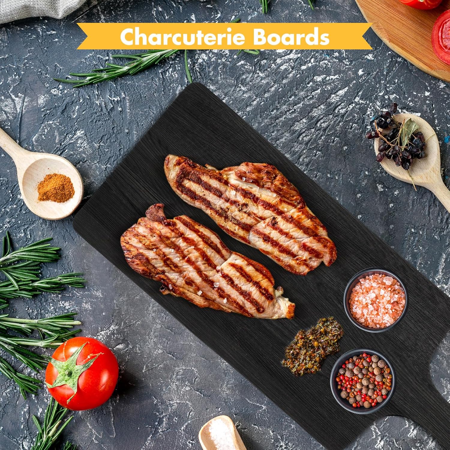 Paquete de 3 tablas de cortar de madera de acacia negra con asa, tablas de servir de pizza de madera, bandeja de charcutería, tabla de cortar para