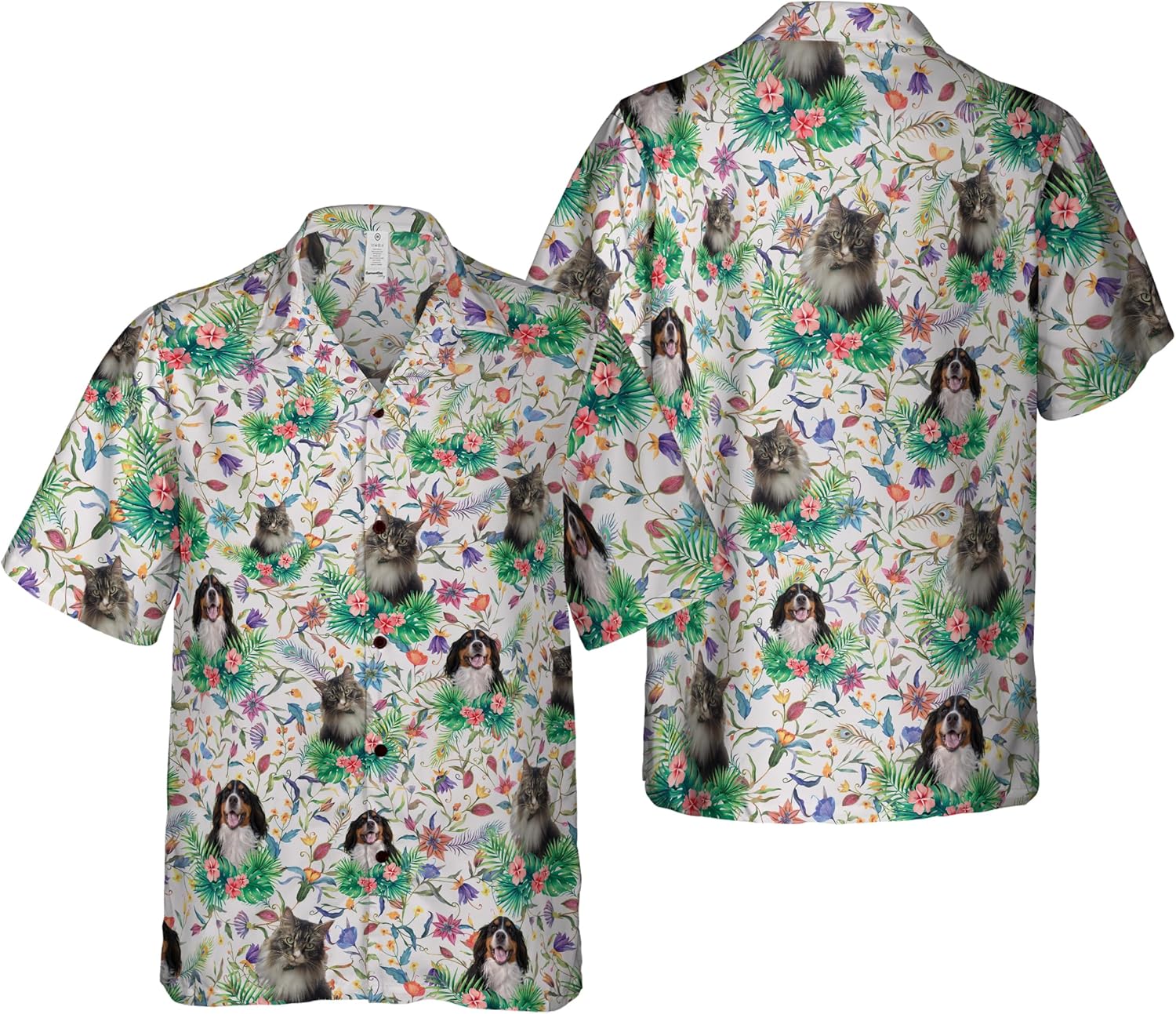 Camisas hawaianas personalizadas con cara de perro y cara de mascota, personalizables con diseño floral de pájaro y gato, camisa hawaiana con botones