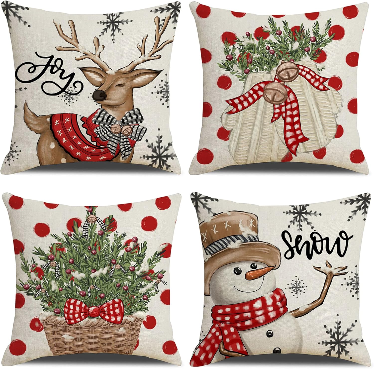 LITIVY Juego de 4 fundas de almohada decorativas para decoración de Navidad, decoración del hogar para sofá (árbol de Navidad, muñeco de nieve,