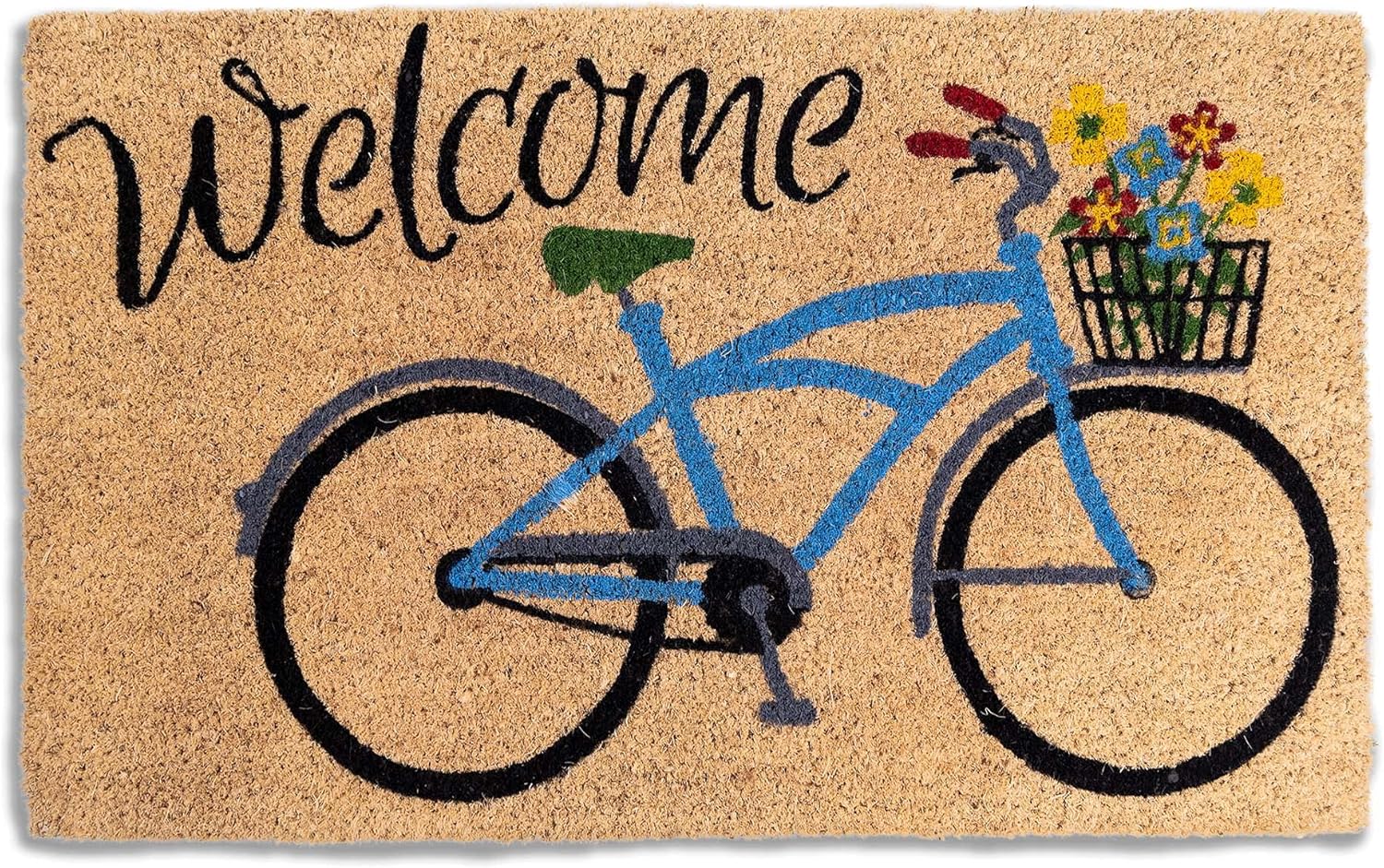 Bicicleta de bienvenida con flores, felpudo de fibra de coco natural, parte trasera antideslizante