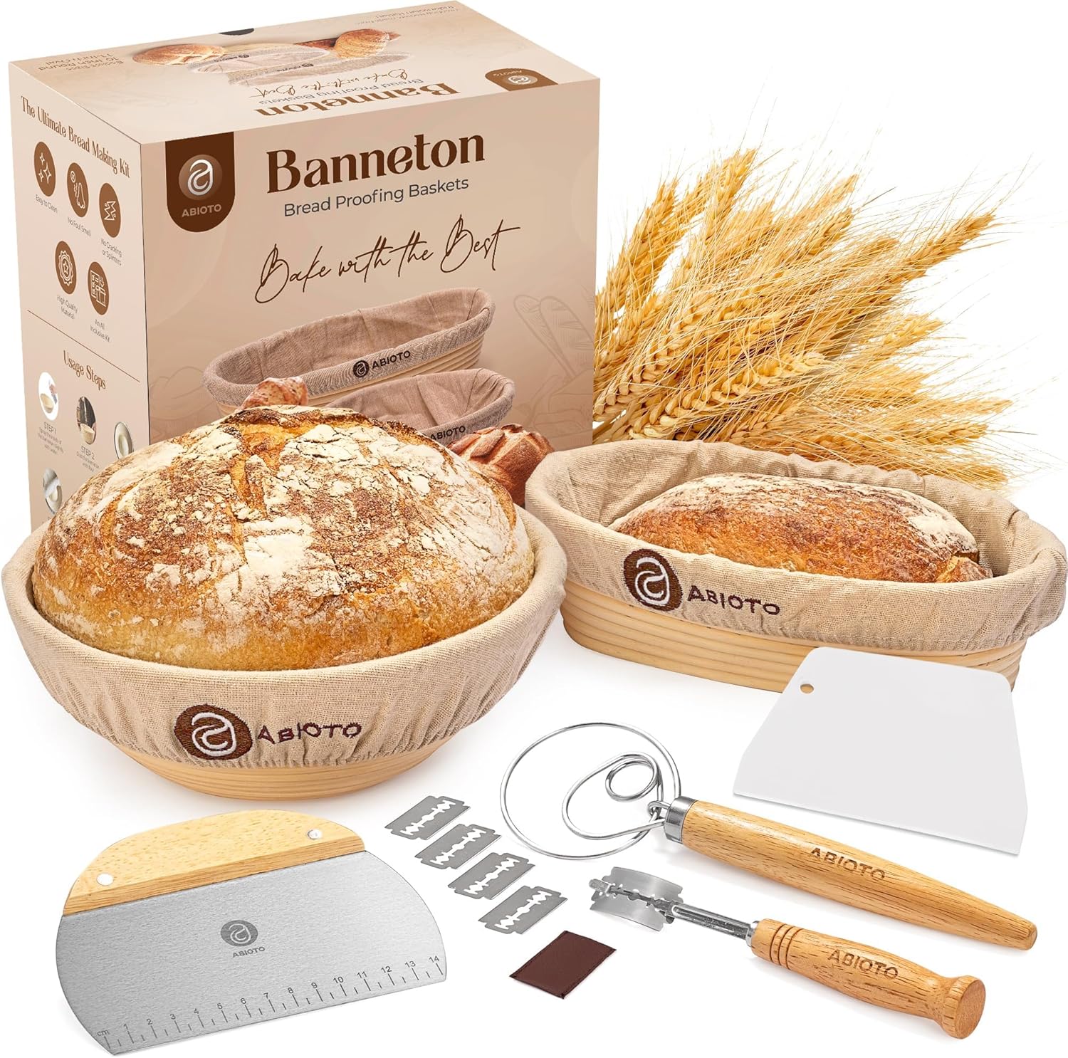 Suministros para hornear pan de masa madre y cestas de prueba, un kit completo para hacer pan que incluye bannetons redondos de ratán de 10 pulgadas