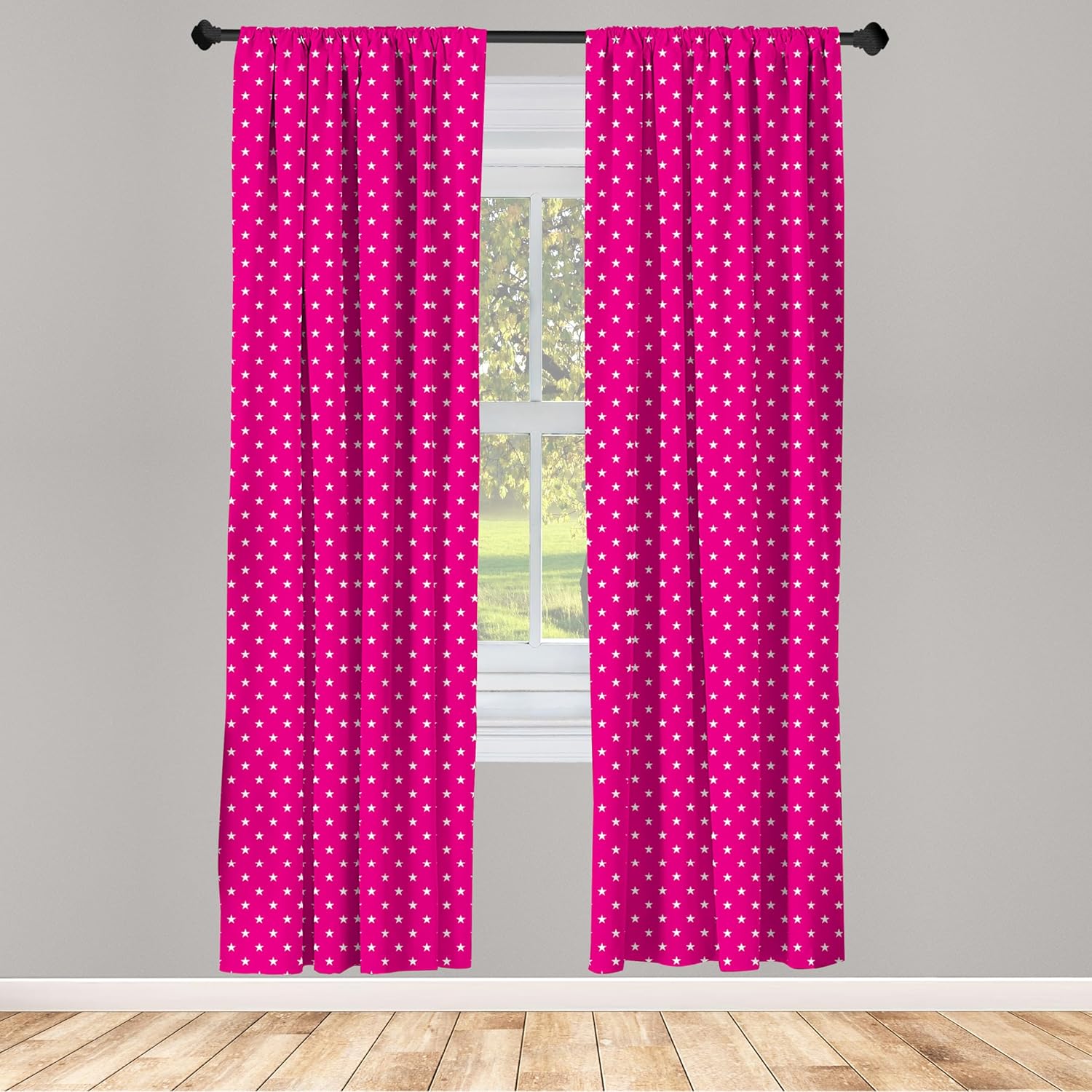 Ambesonne Cortinas de ventana color rosa intenso, patrón simétrico con estrellas blancas y diseño de niña, azulejos retro para fiesta, decoración