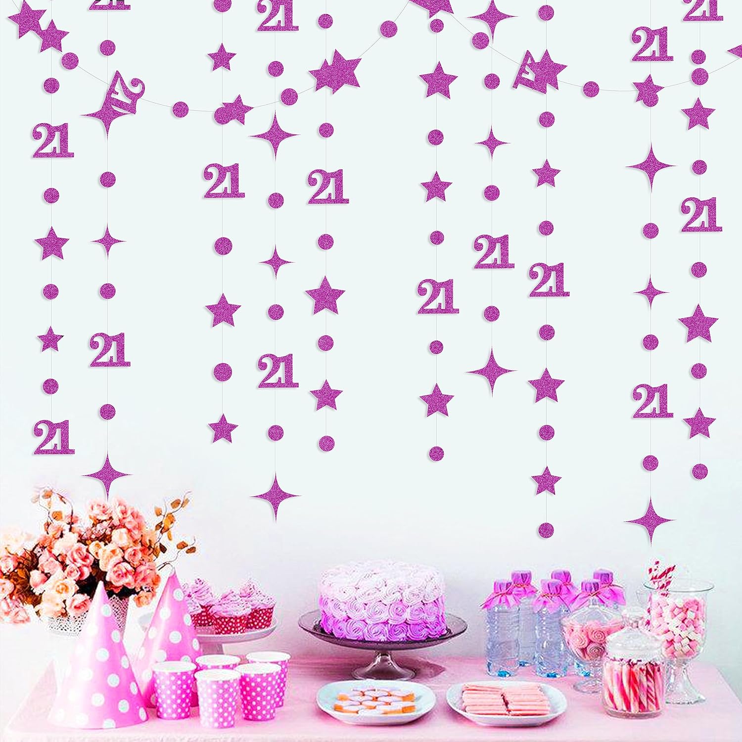Guirnalda de estrellas centelleantes con el número 21 de color morado con purpurina para colgar en banderines, decoración de telón de fondo para