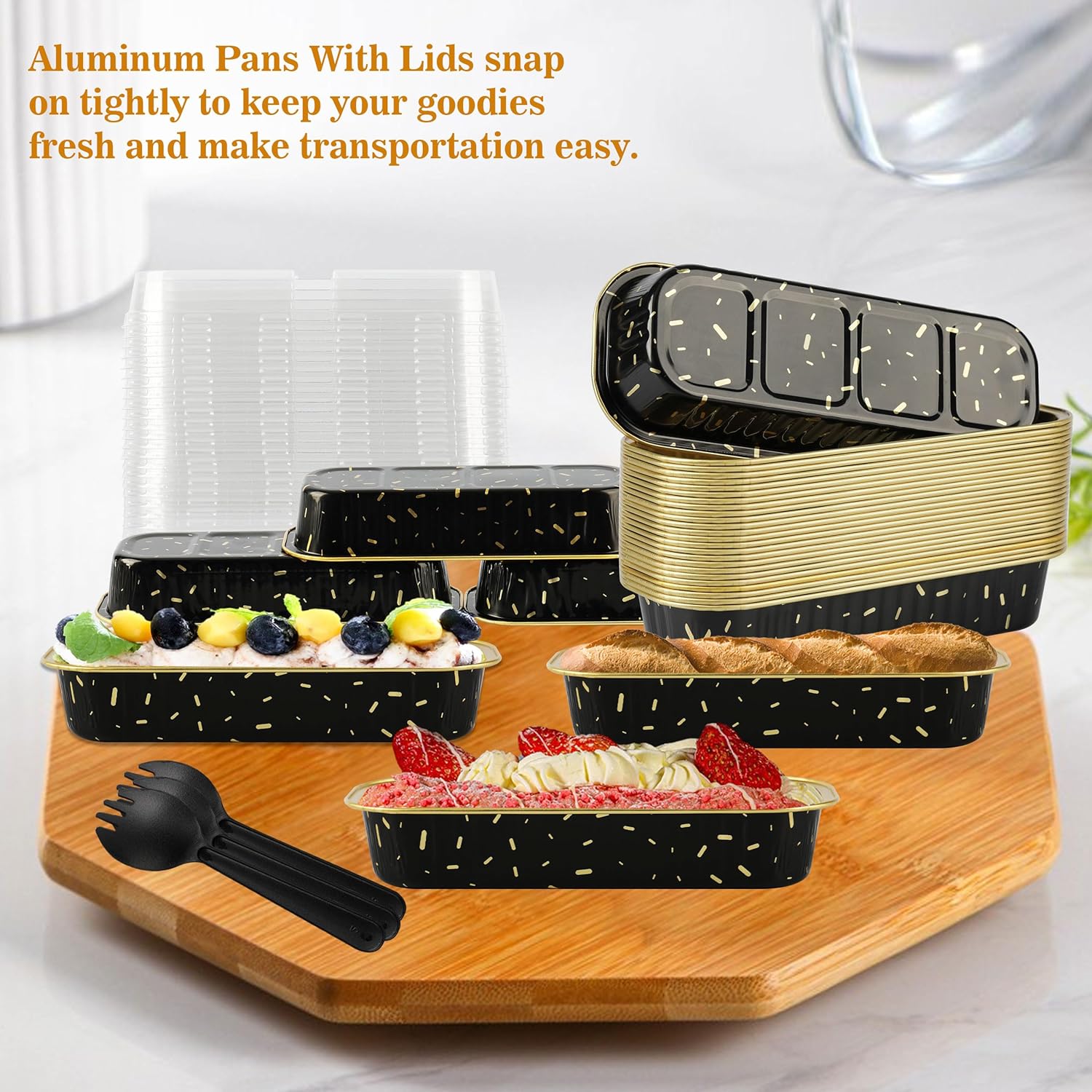 Mini moldes para pan con tapas, 30 moldes para pasteles de 6.8 onzas, 6.8 fl oz, con tapas, desechables, de papel de aluminio, para magdalenas,