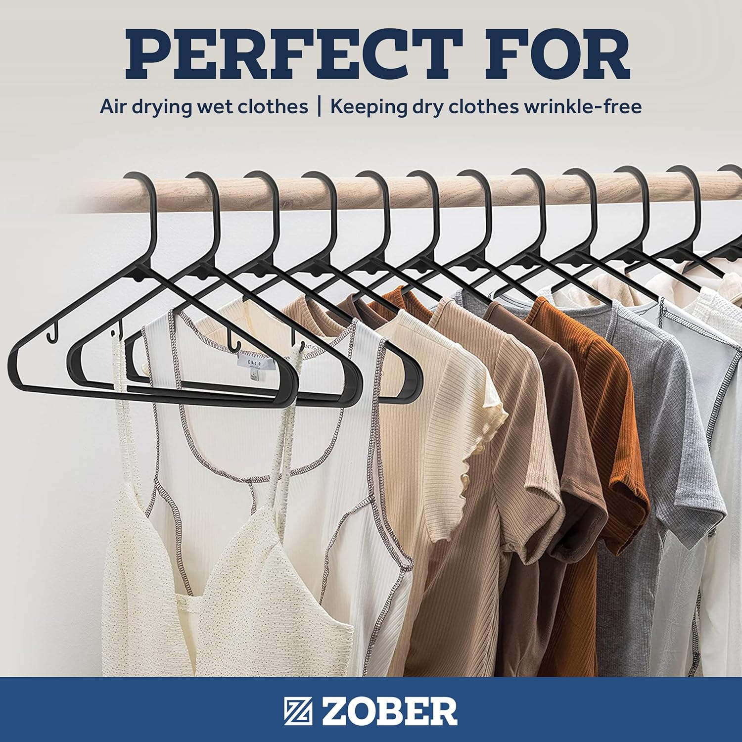 ZOBER Perchas de plástico para ropa, color negro, paquete de 50 perchas para camisas, vestidos y pantalones, perchas de plástico duraderas y