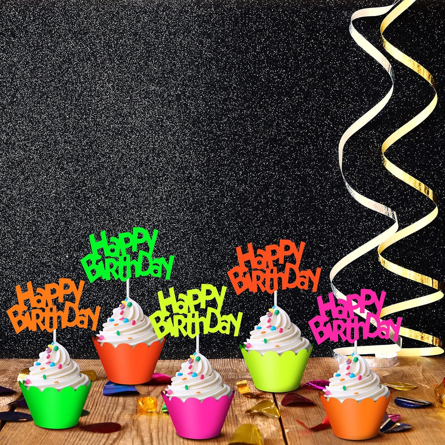 40 piezas que brillan en la oscuridad, decoraciones de neón para cupcakes que brillan en la oscuridad, suministros de fiesta de neón para cupcakes