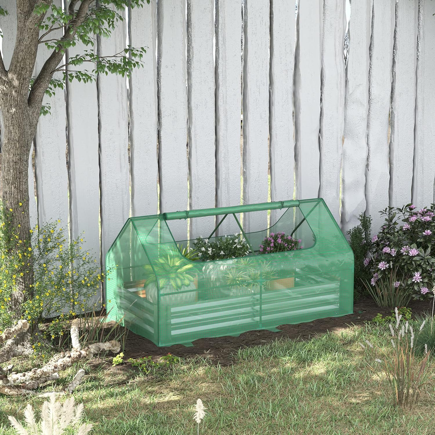 Outsunny Cama de jardín elevada galvanizada de 6 x 3 pies con mini cubierta de invernadero de polietileno, maceta de metal para exteriores con 2