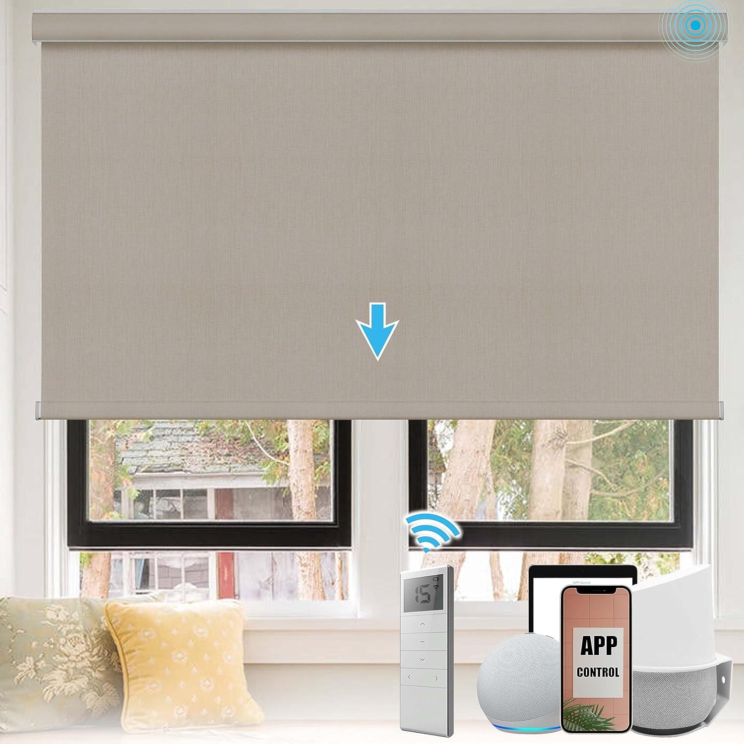 Persianas motorizadas para ventanas, persianas inteligentes con control remoto enrollables, funcionan con Alexa Google Home, persianas opacas