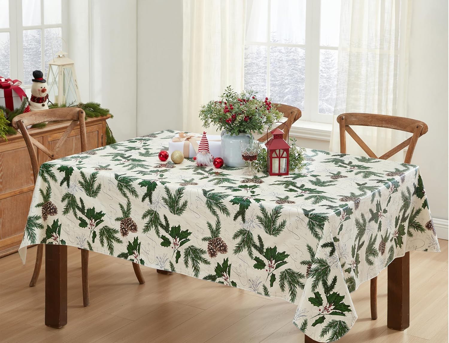 Newbridge Joyful Holly Country – Mantel navideño de vinilo rústico con reverso de franela, mantel trasero de franela de vinilo para vacaciones de