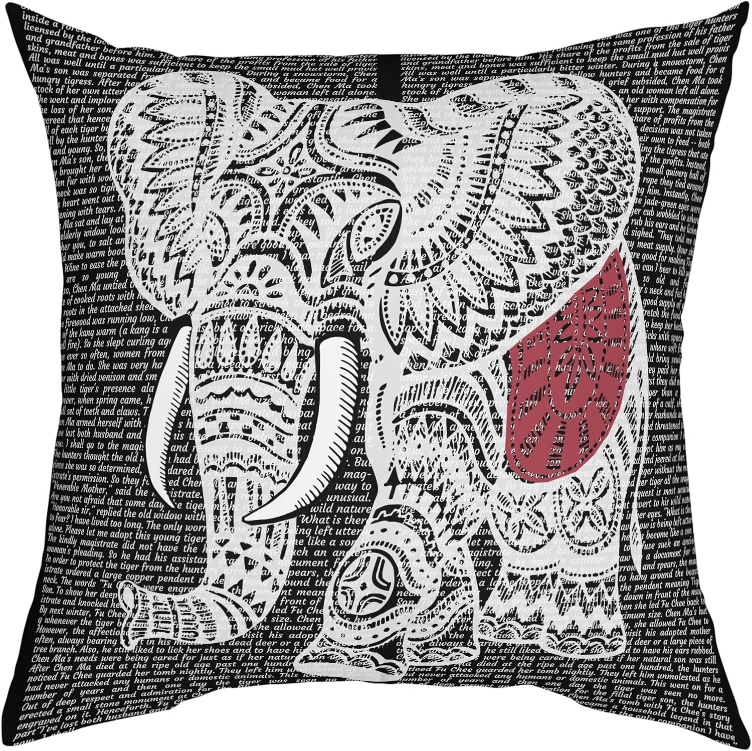 Fundas de almohada de elefante bohemio blanco vintage, funda de almohada de elefante bohemio sobre fondo de periódico negro, funda de almohada