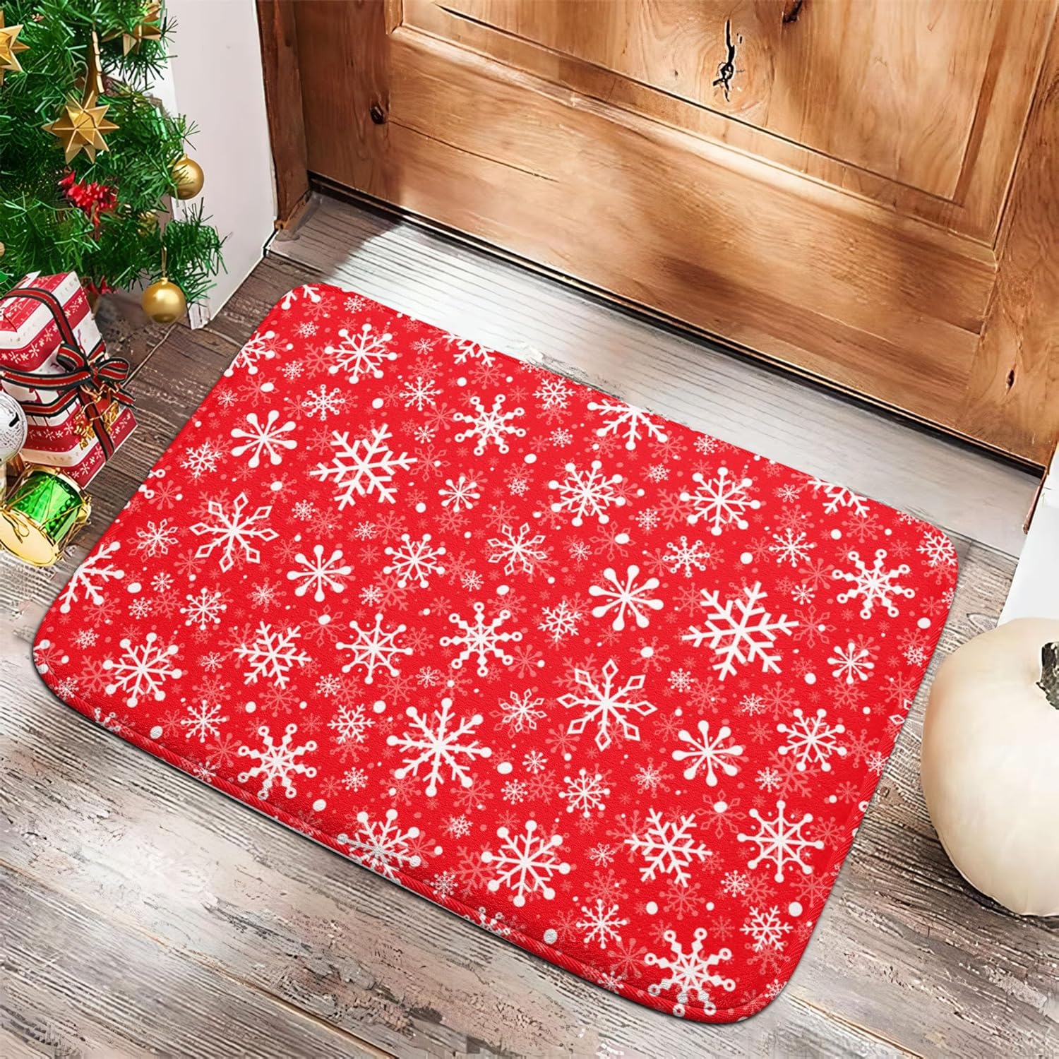 Tapete de baño rojo con copos de nieve navideños, antideslizantes, de franela, absorbente de agua, de secado rápido, suave, para suelo, dormitorio,