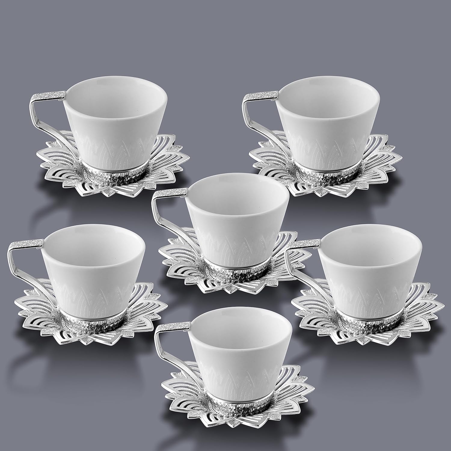 Juego de tazas de café turco expreso con soportes metálicos y platillos (blanco-plateado)