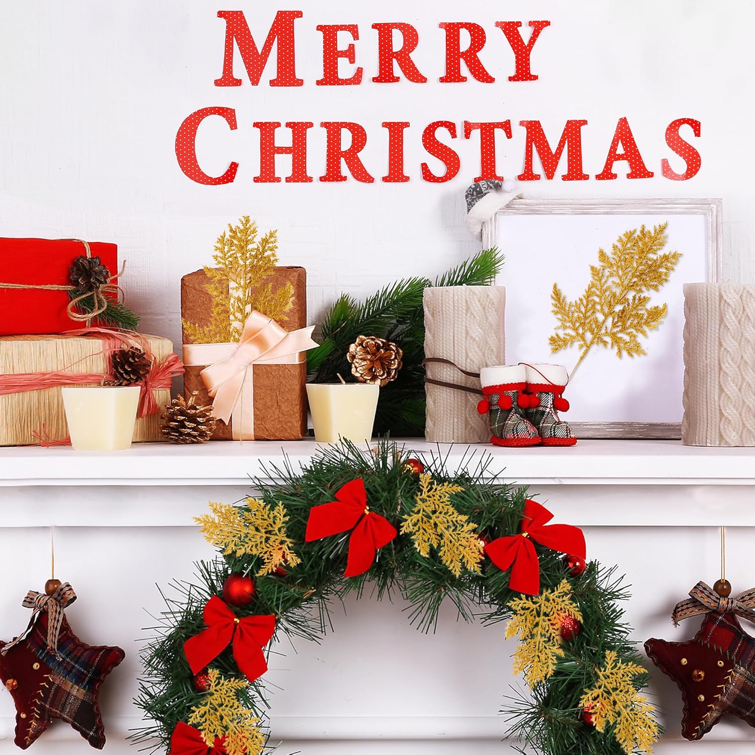 Sggvecsy Agujas de pino artificial con purpurina de Navidad, ramas de árbol de Navidad artificiales con tallo de pino, ramas de árbol de Navidad