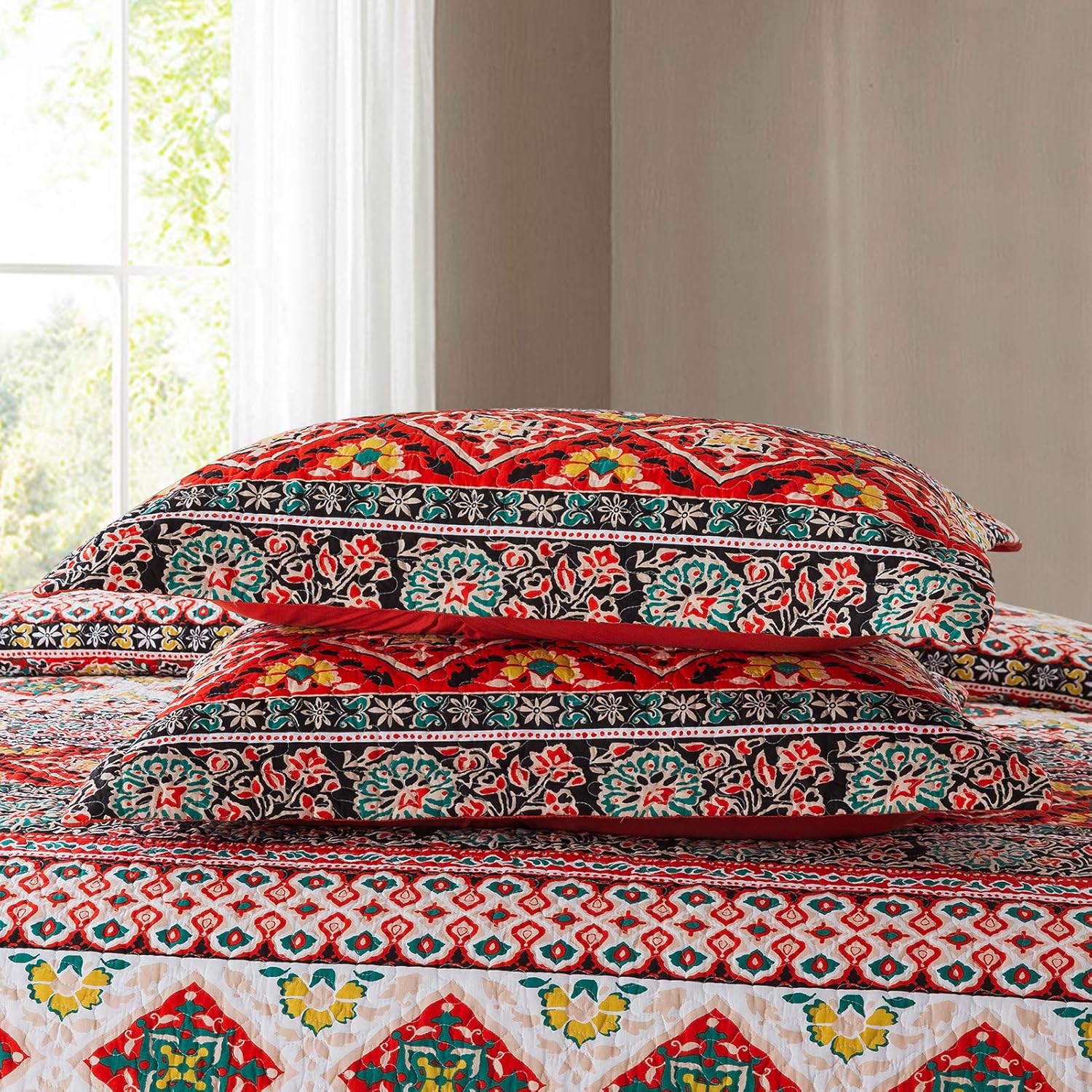 NEWLAKE – Juego de edredón de algodón, juego de cubrecama reversible con diseño de mosaico, patrón bohemio europeo a rayas, tamaño queen