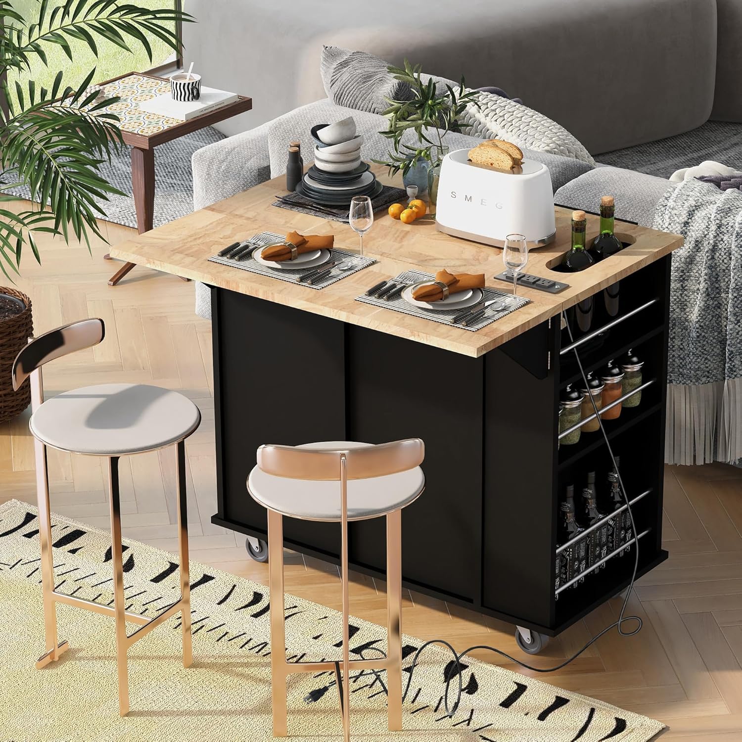 P PURLOVE Isla de cocina de madera con hojas caídas y estantes, armario de cocina con ruedas de bloqueo, isla de almacenamiento de cocina con