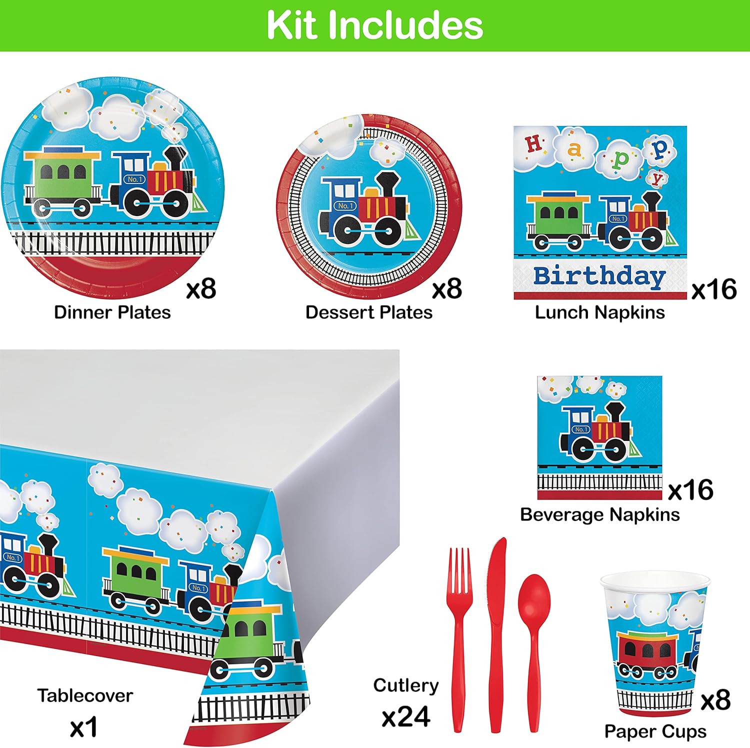 Creative Converting All Aboard Train – Kit de suministros para fiesta de cumpleaños, sirve para 8 personas
