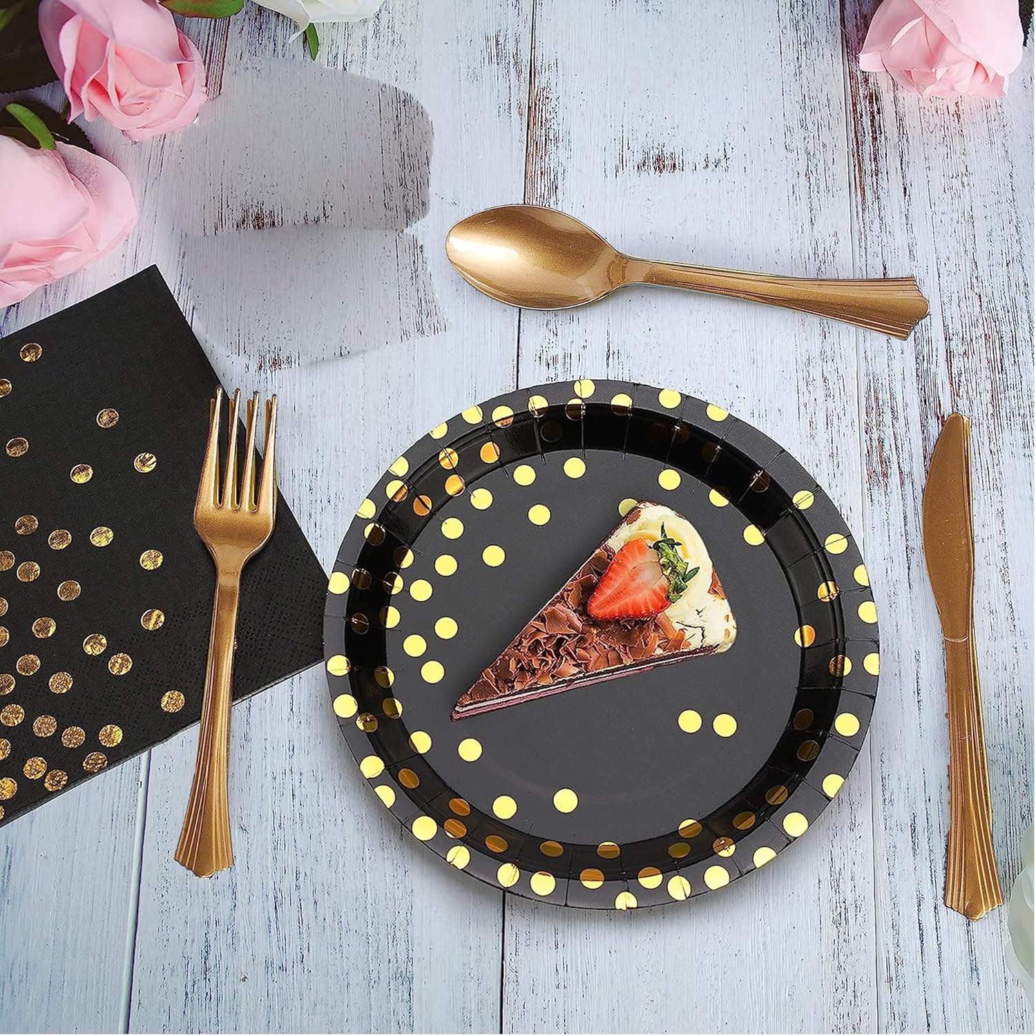 Choha 180 piezas de suministros de fiesta negros y dorados, sirve para 30 invitados desechables para fiestas, platos de papel negro, servilletas,