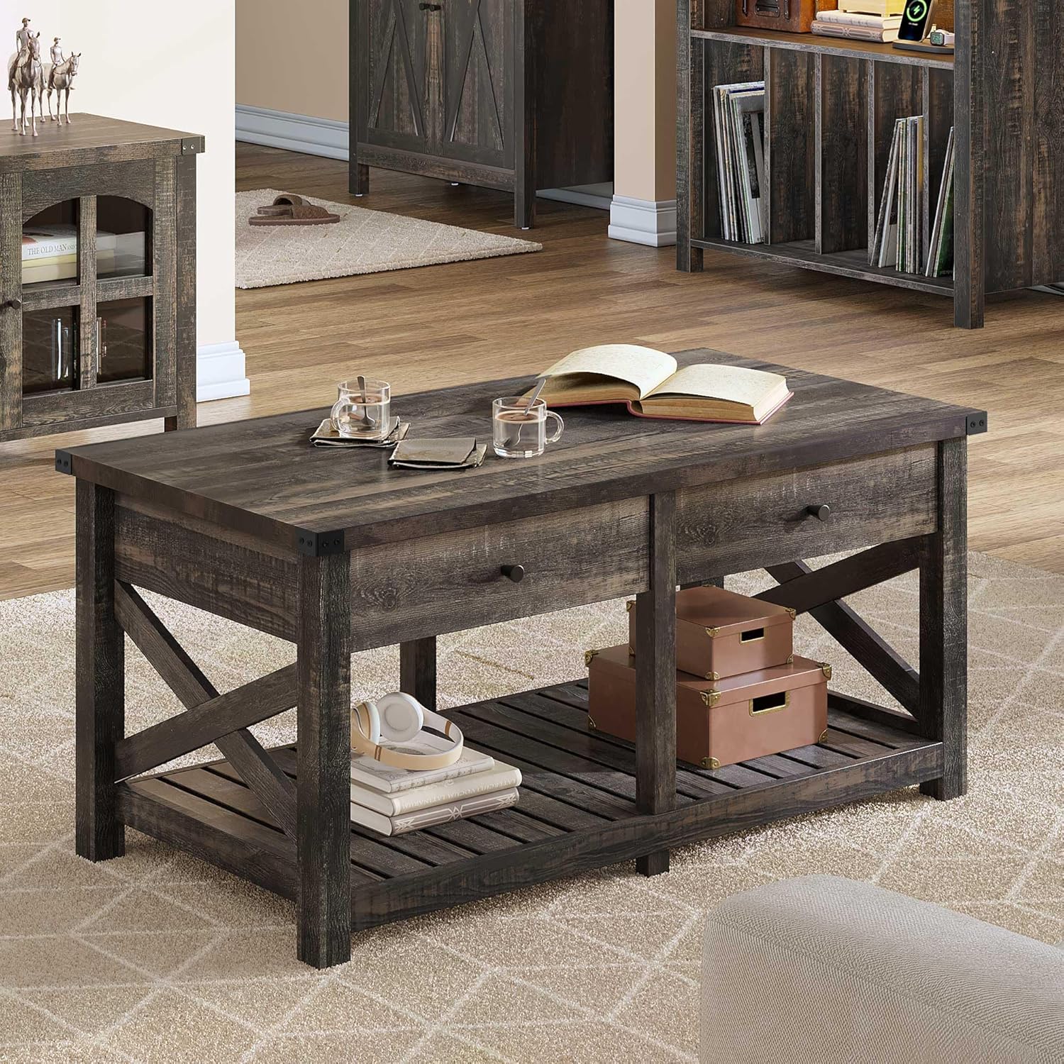 YITAHOME Mesas de centro para sala de estar, mesa de centro de granja con almacenamiento, mesa de cóctel rústica de madera con 2 gabinetes, mesa