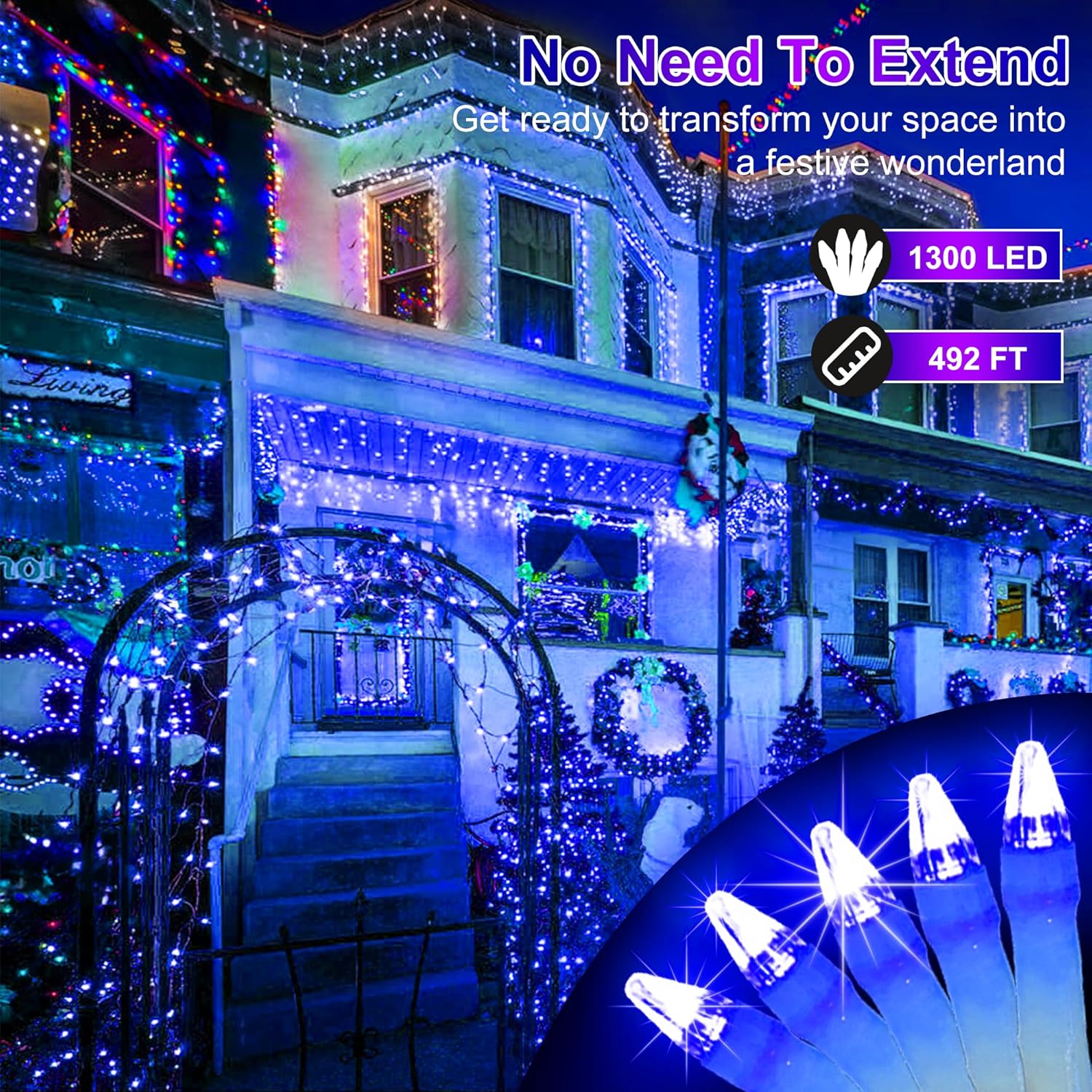Luces de Navidad de 492 pies para exteriores, 1300 luces LED extralargas, 8 modos, luces de árbol de Navidad, con temporizador y función de mamá,