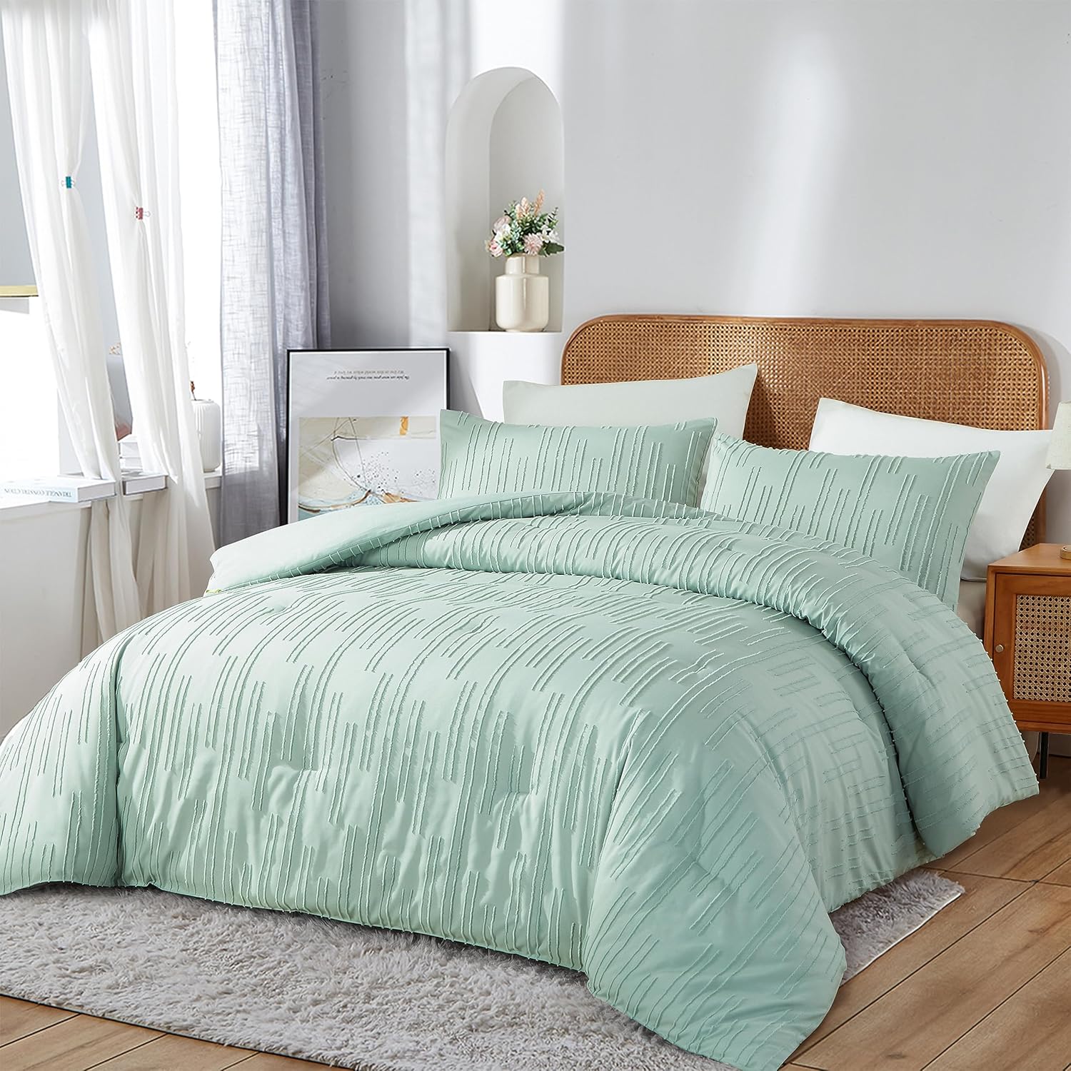 Juego de edredón de tamaño Queen de color verde salvia, para cama Queen, estilo rústico, bohemio, esponjoso, ligero, con flores, plantas, para todas