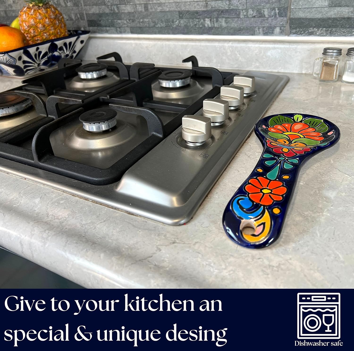Talavera – Soporte para espátula de cerámica hecho a mano, colorida decoración mexicana de cocina (grande, azul cobalto)