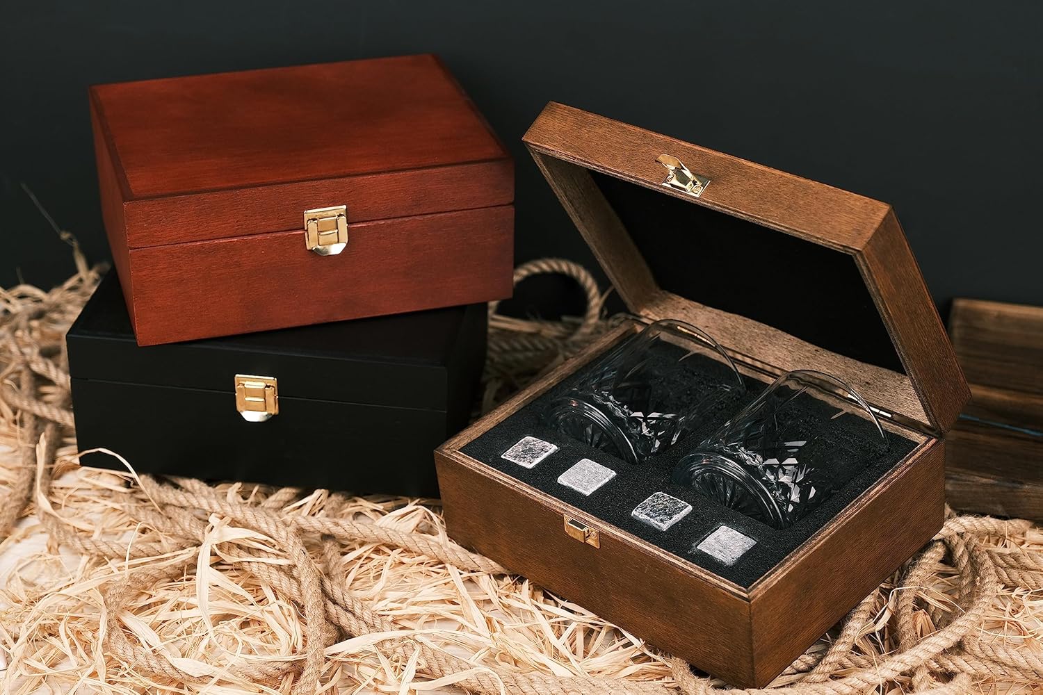 Premium Whiskey Glasses Set with Box – Elegant Glassware for Bourbon, Scotch, and Cocktails (Walnut Box)