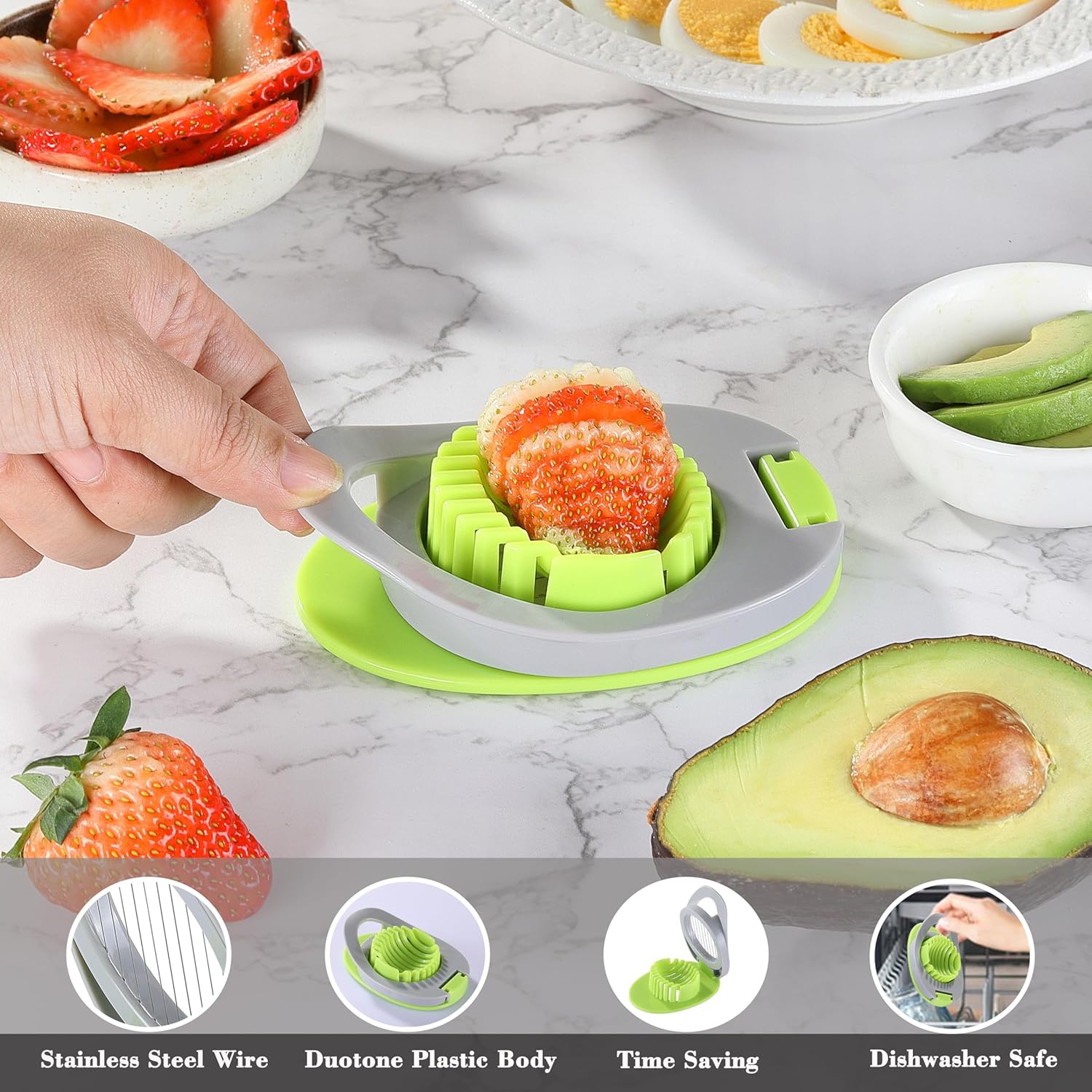 Cortador de huevos para huevos duros, cortador de huevos de alambre de acero inoxidable con elegante cuerpo de plástico duotono, ideal para huevos
