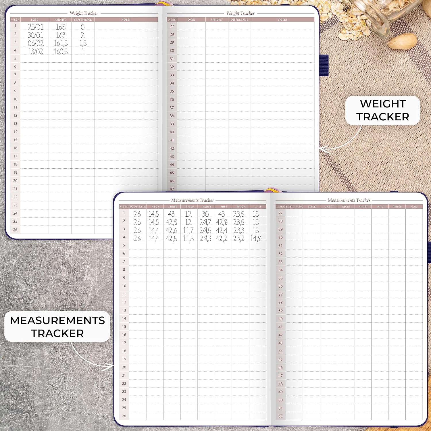 Legend – Agenda de comidas  Diario semanal de preparación de comidas y nutrición con lista de comestibles y rastreador de pérdida de peso  Registro