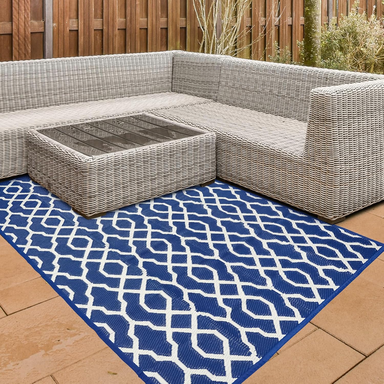 Alfombras para exteriores impermeables  Alfombras reversibles grandes de 5 x 8 pies para espacio de patio, alfombra de paja portátil para interiores