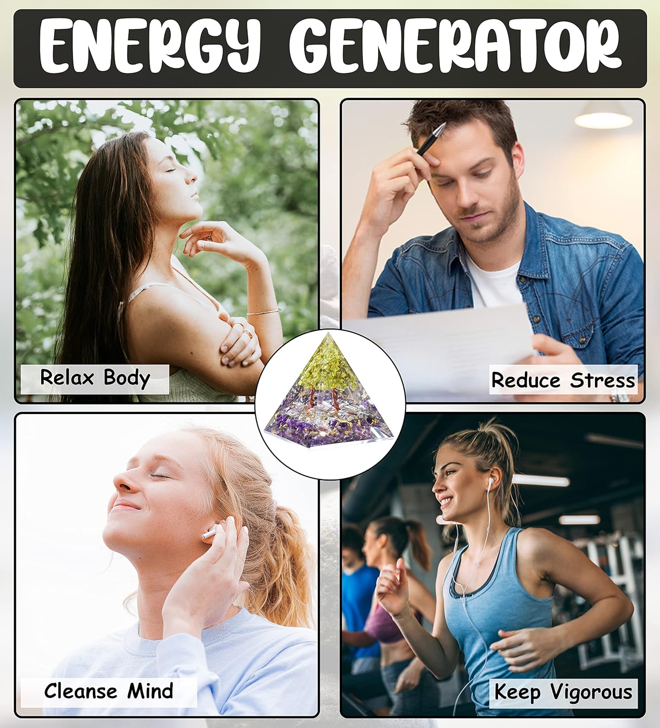 Crocon Pirámide de energía de cristal orgánico de piedras preciosas Feng Shui para atraer energías positivas, regalo espiritual y decoración del