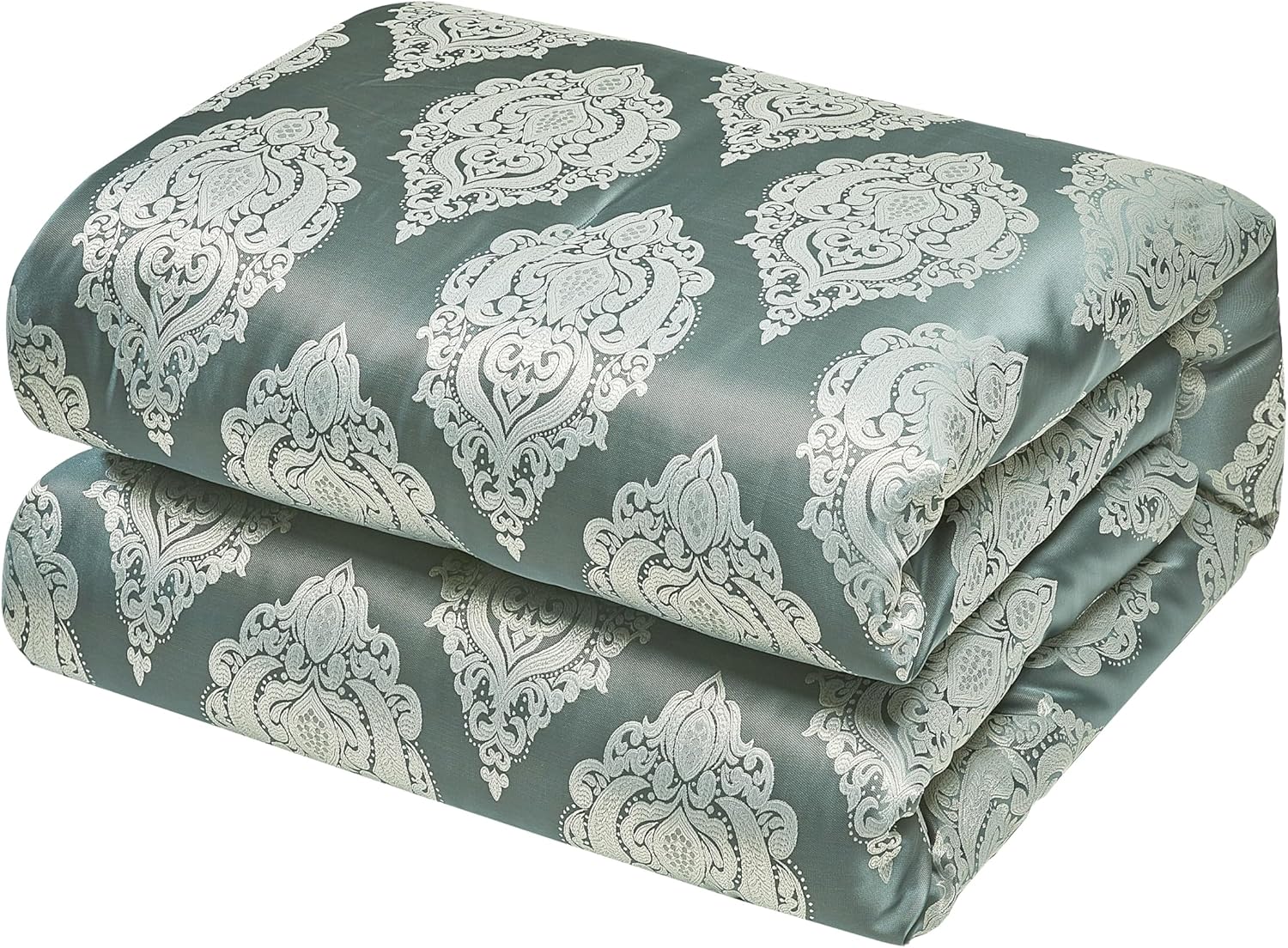 Trinity – Juego de edredón de lujo de 7 piezas, edredón tradicional de medallón jacquard gris y verde con cojines decorativos y fundas de almohada,