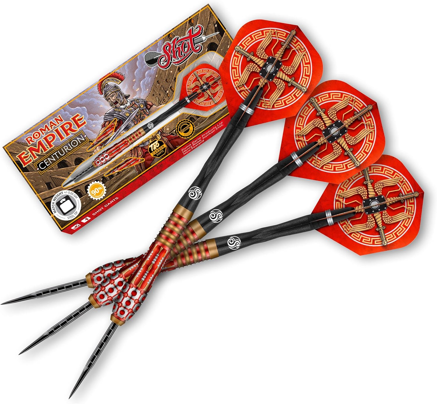 Shot Roman Empire Centurion – Juego de dardos de punta de acero con punta de acero 90% tungsteno profesional – Fabricado en Nueva Zelanda – Vuelos