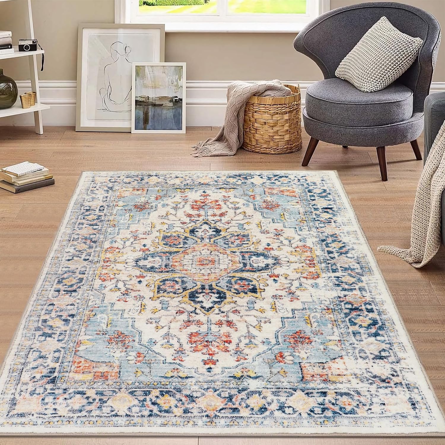 Homcomoda Alfombra de área pequeña de 3 x 5 pies, antideslizante, lavable para entrada, alfombra de entrada de pelo bajo, alfombras vintage para