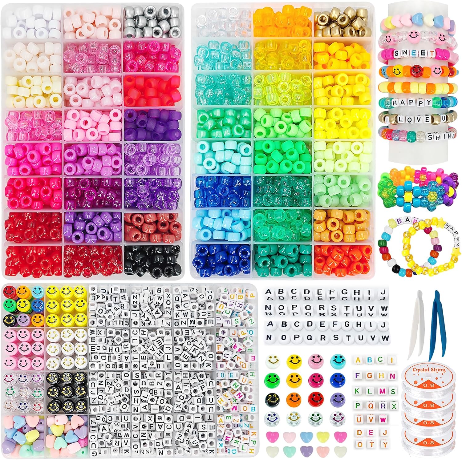MIIIM Kit de pulsera Kandi de 3400 piezas, 48 colores, 2400 cuentas de pony arcoíris, 800 cuentas de letras, 150 cuentas de cara sonriente, cuentas