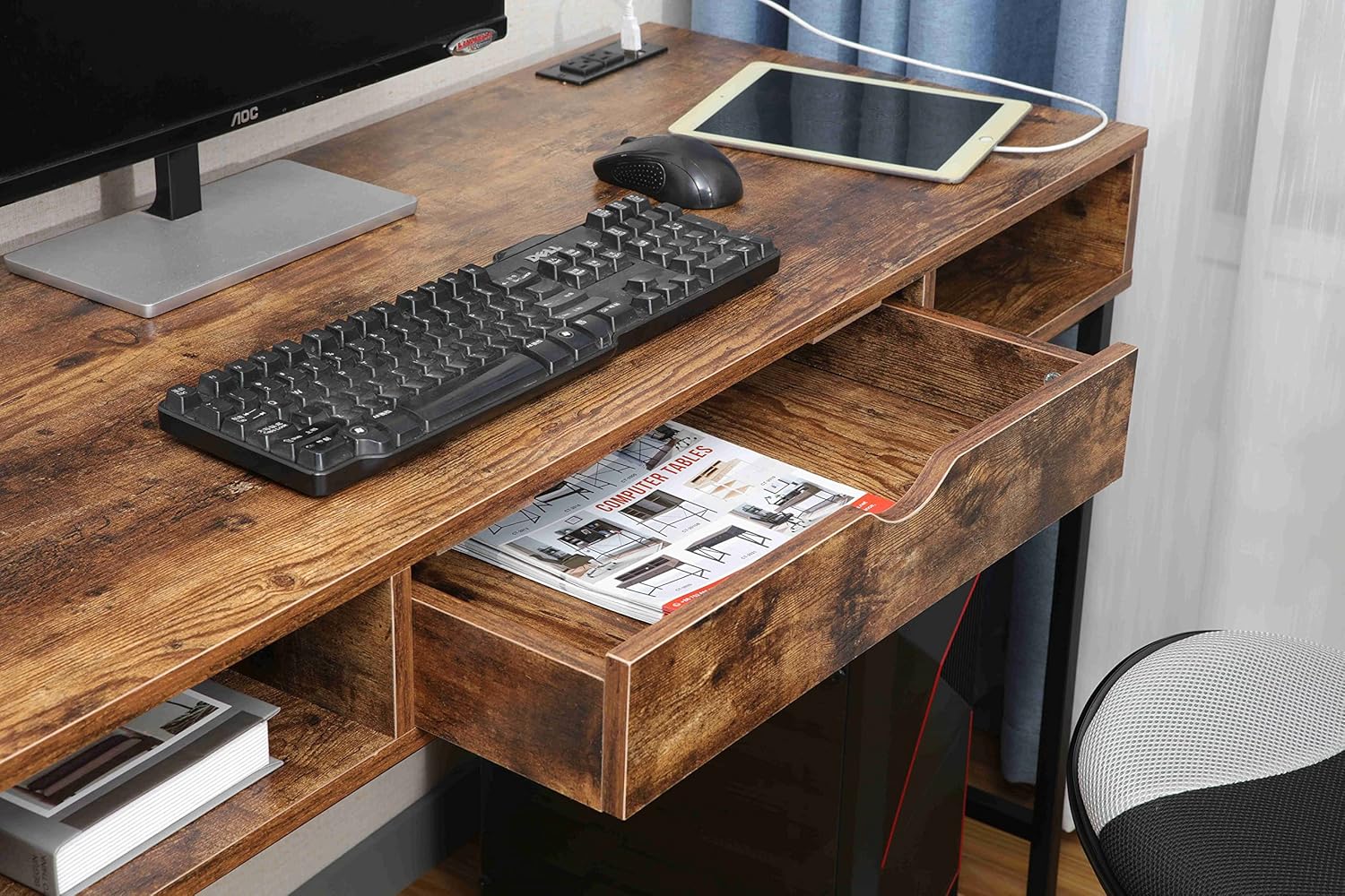 JJS Escritorio de 48 pies con toma de corriente, escritorio grande contemporáneo para oficina en casa, estación de trabajo para computadora portátil