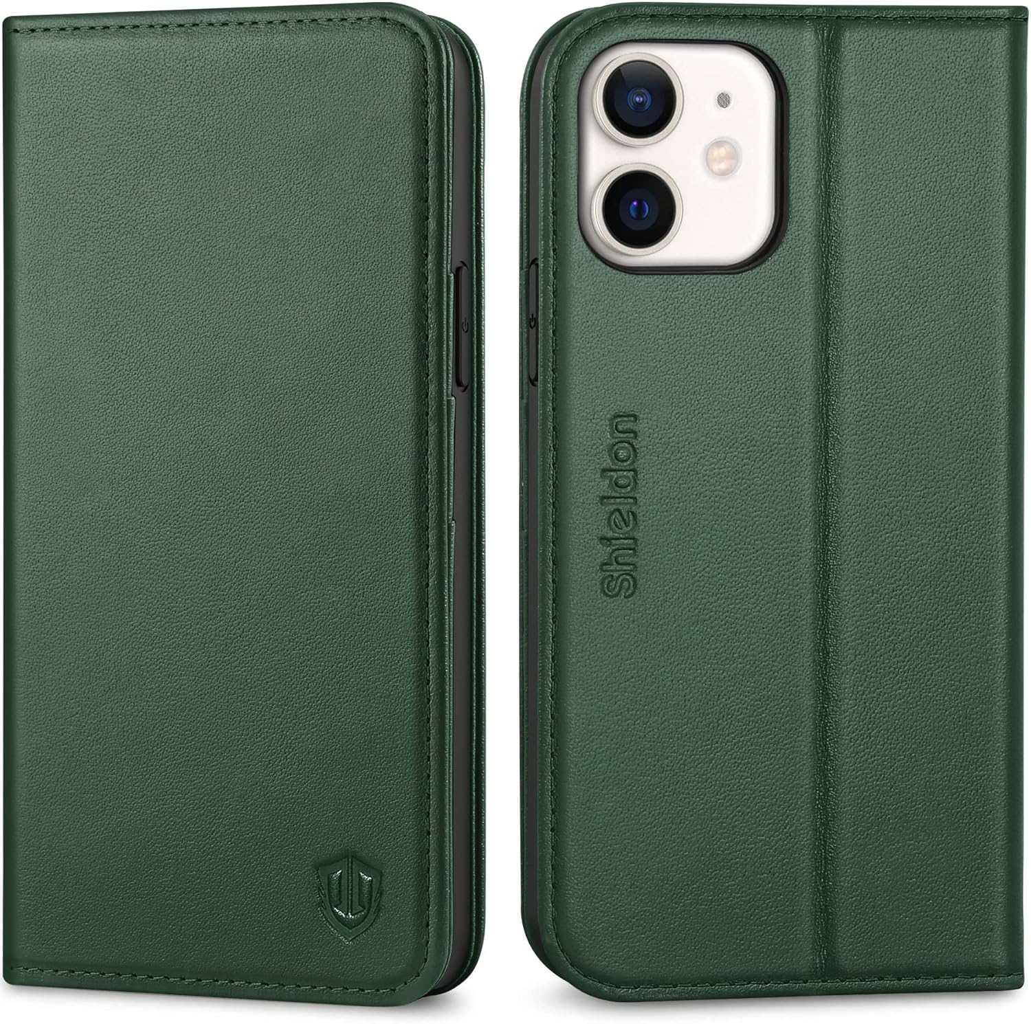 SHIELDON – Funda para iPhone 1212 Pro, cuero genuino, cubierta magnética, tarjetero con bloqueo RFID, kickstand, funda protectora a prueba de
