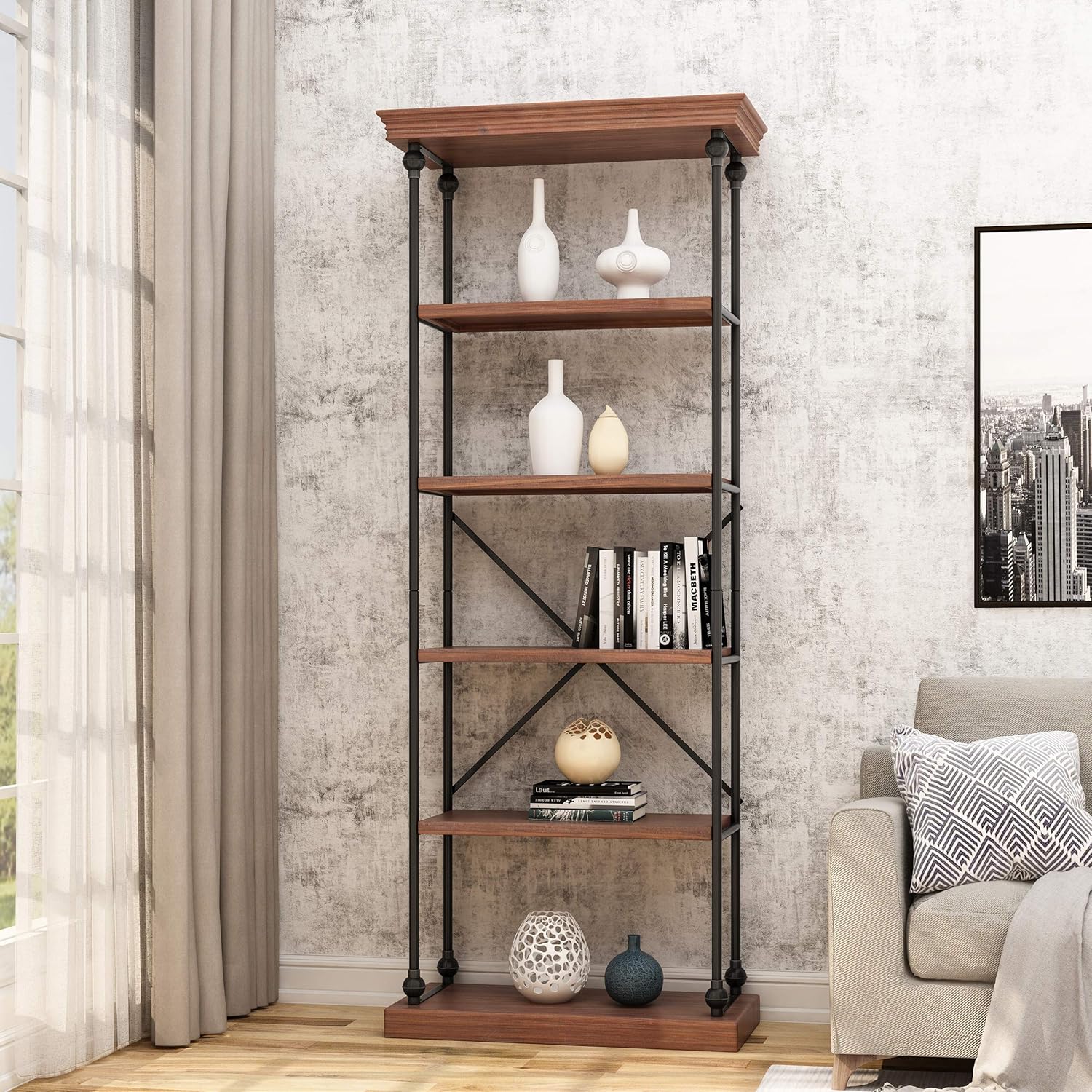 Great Deal Furniture Alma – Estantería industrial de madera con 5 estantes, nogal oscuro y negro