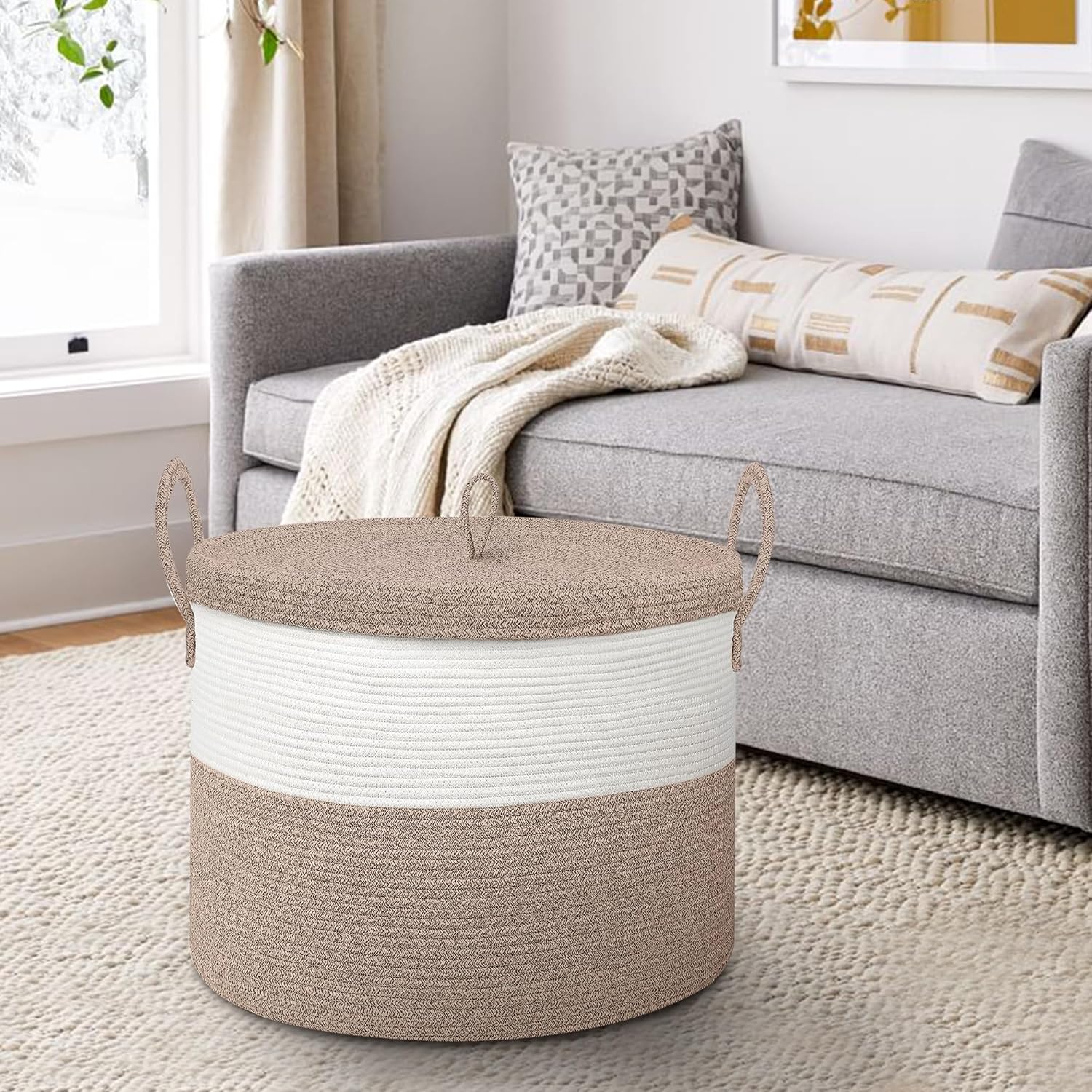 Cesta de almacenamiento grande de 20 x 15 pulgadas con tapa, cesta de manta para sala de estar, cestas de cuerda de algodón tejida para