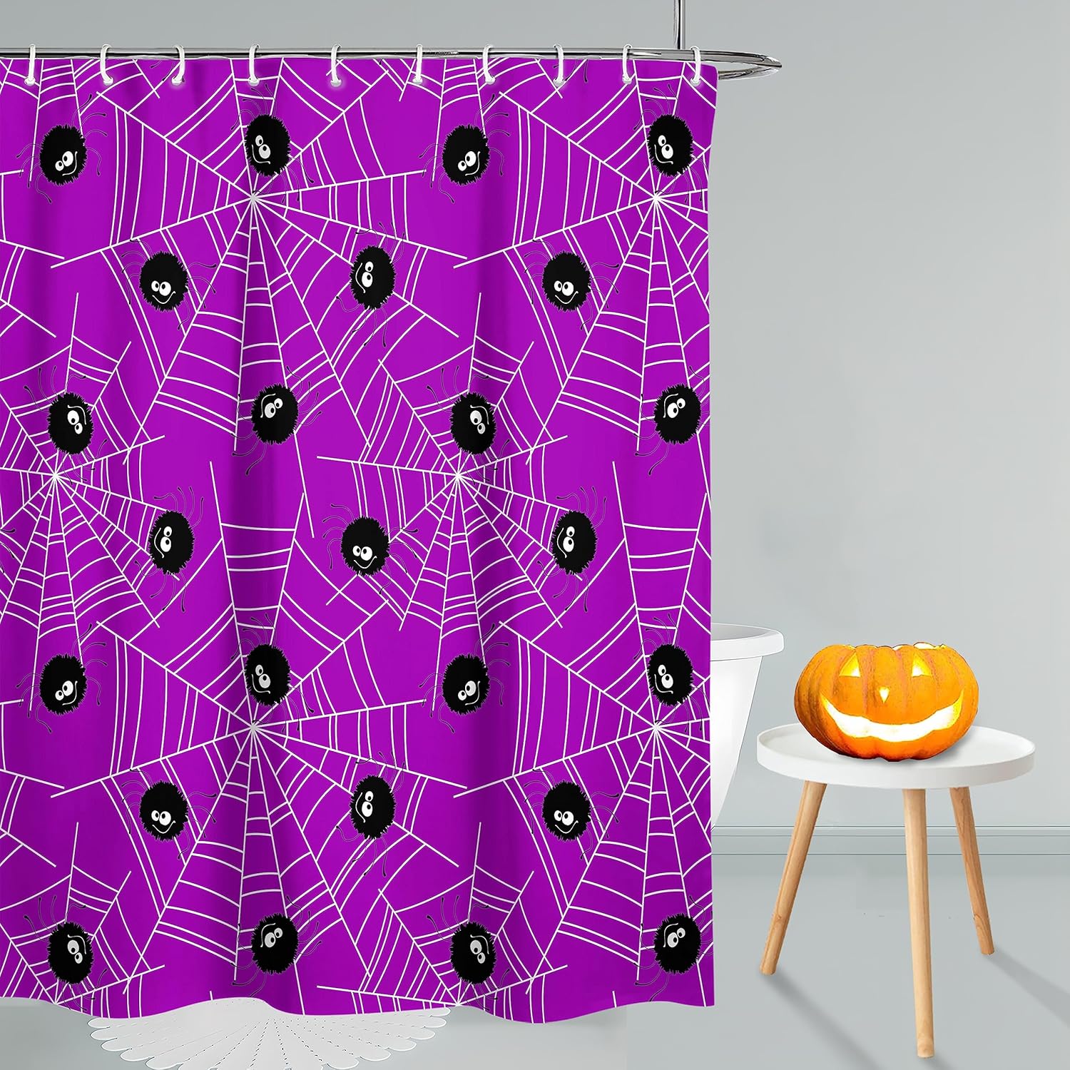 Cortina de ducha de Halloween, telaraña de Halloween, cortinas de ducha moradas espeluznantes para baño, decoración del hogar de Halloween, tela