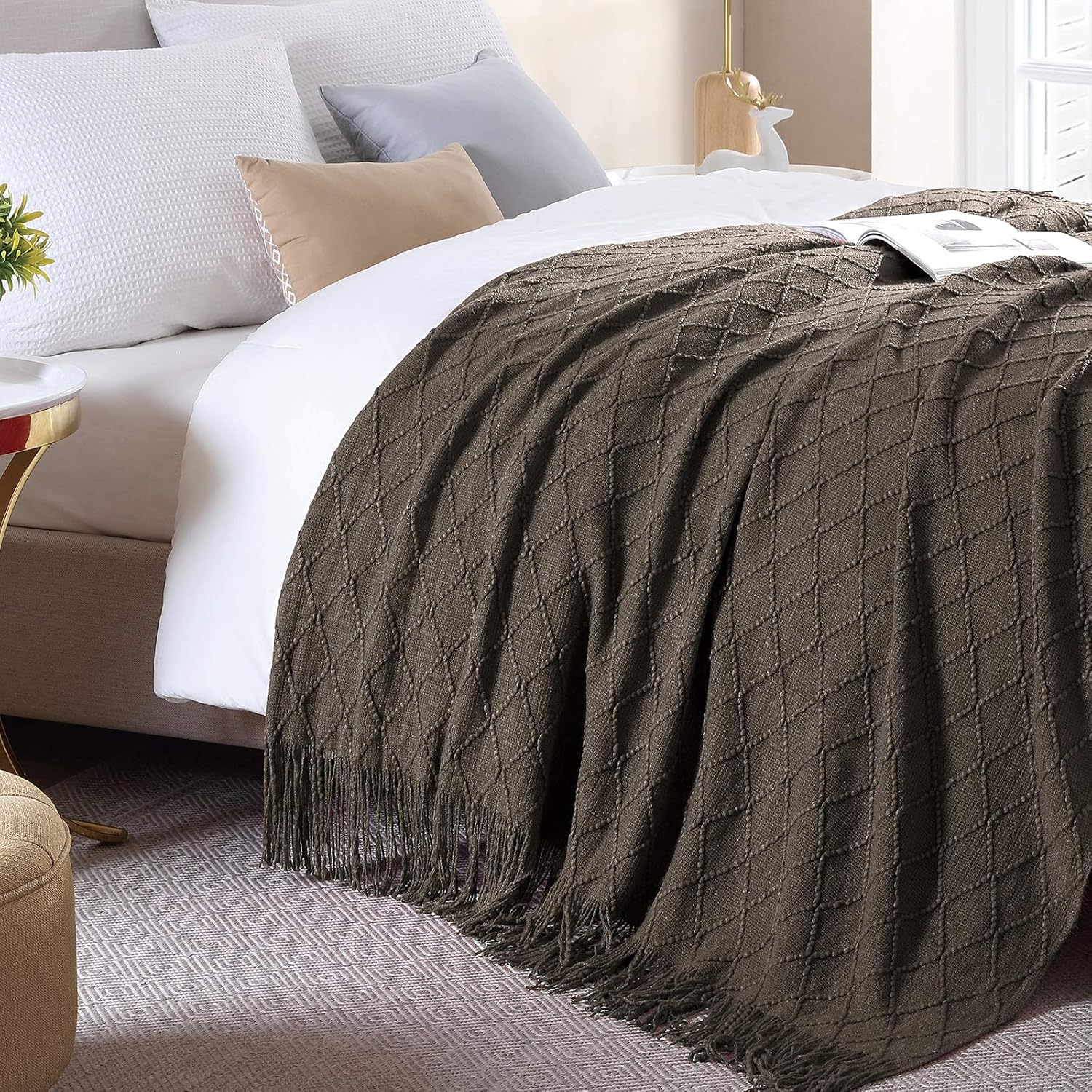 Walensee – Manta para sofá, manta tejida 100% acrílica, manta decorativa ligera con borlas para silla, cama, sofá, viaje, apta para todas las