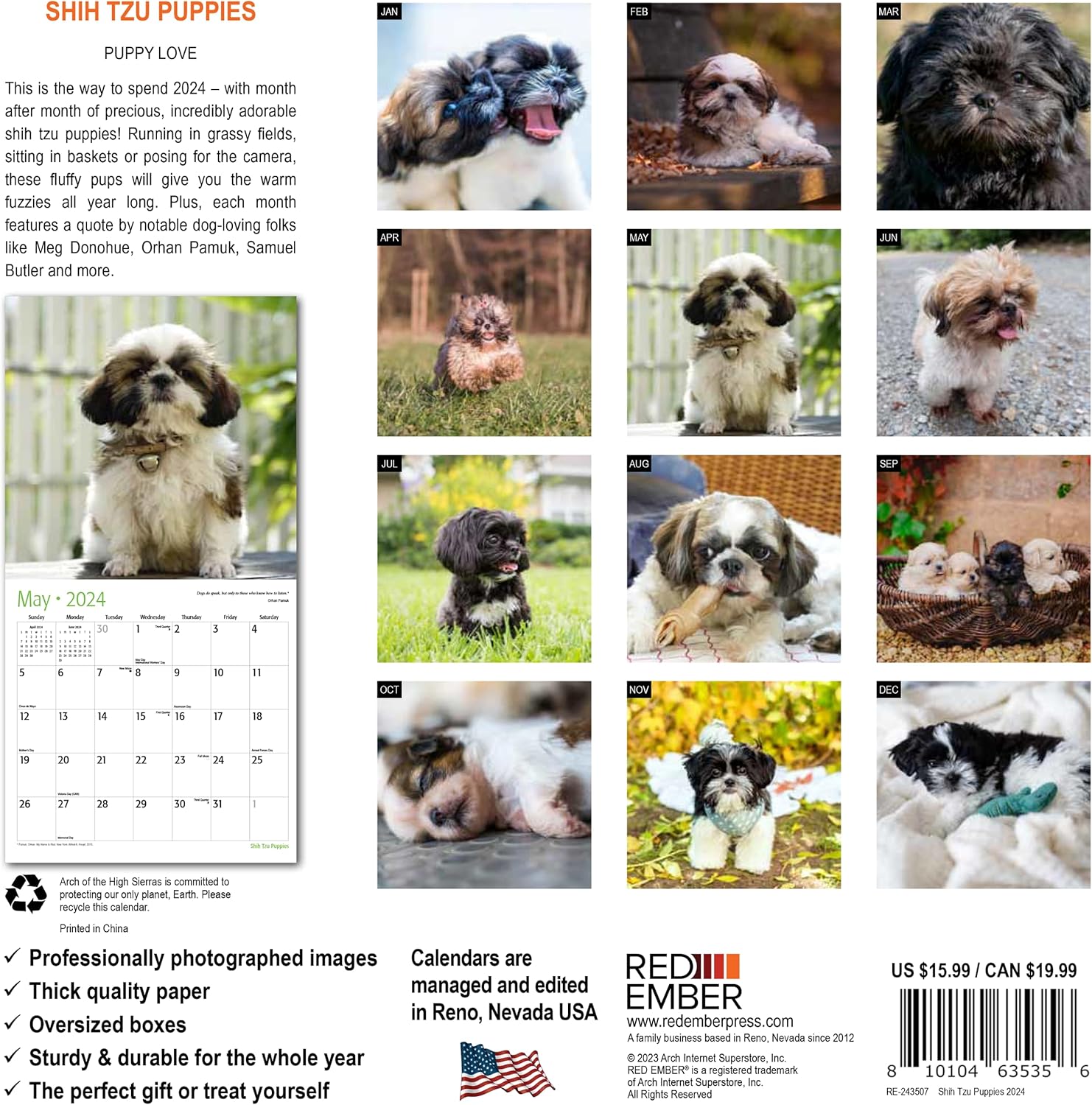 RED EMBER Shih Tzu Puppies – Calendario mensual de pared colgante 2024, 12 x 24 pulgadas, abierto, papel grueso y resistente, para regalo, lindo